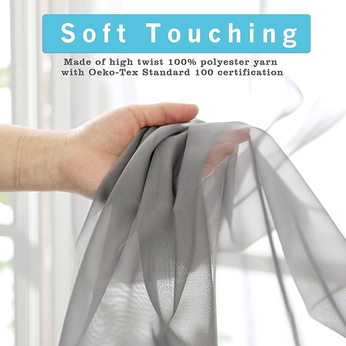 OVZME Grey Sheer Curtains - 96" Inch Length 2 Panels Set, Light Filtering Soft Rod Pocket Voile Drapes for Living Room/Bedroom, Each 42" W x 96" L