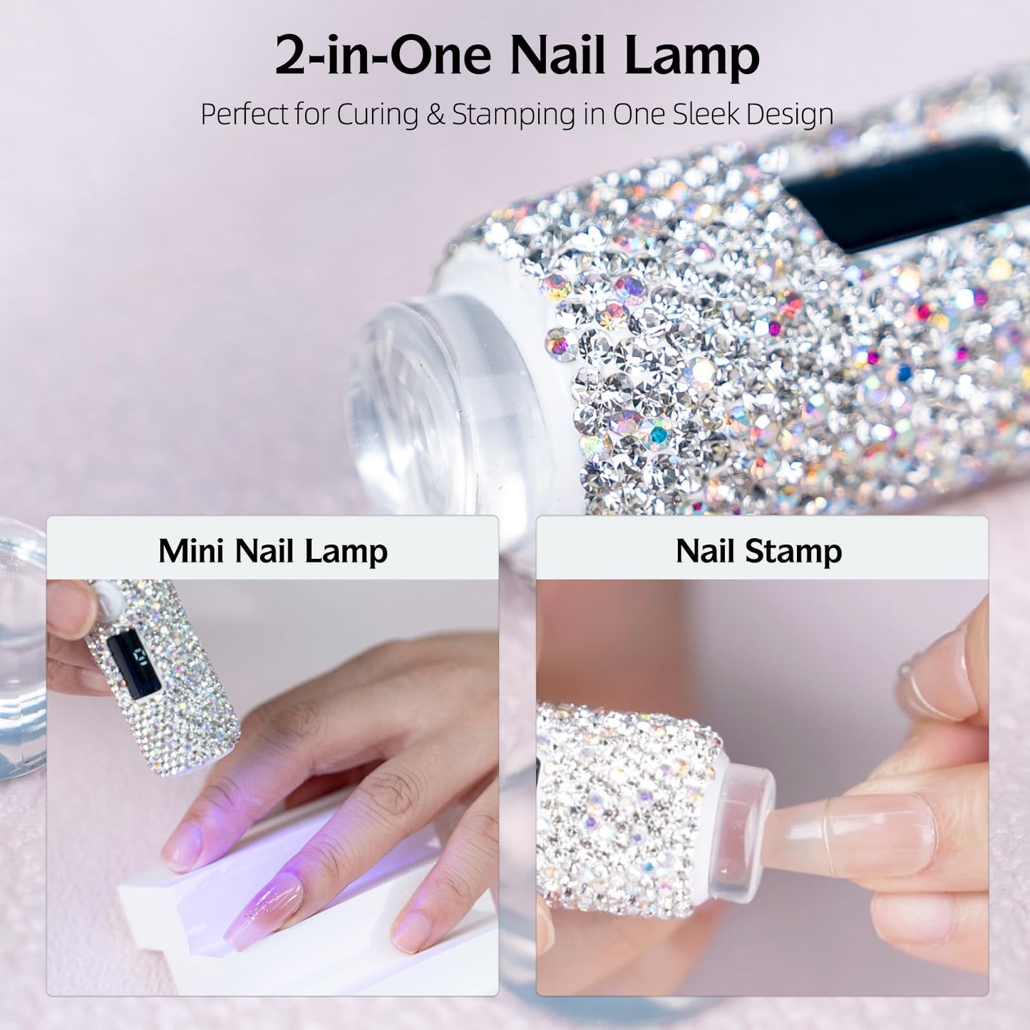 keeyada Handheld UV Light with Sparkly Rhinestones, 3W Portable LED Nail Lamp, Wireless Rechargeable USB Nail Dryer with Silicone Stamper Display Screen for Fast Curing Home DIY Manicure White