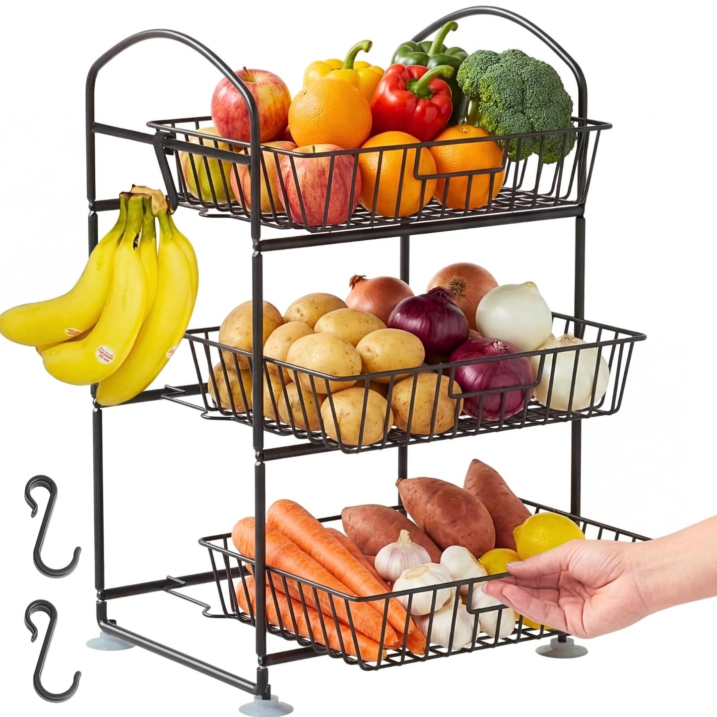 Ofiray-home 3 Tier Fruit Basket with 2 Banana Hangers, Detachable Countertop Fruit Vegetable Basket Organizer for Kitchen Counter, Metal Mesh Fruit Bowl for Potato Onion Bread Snack Veggie
