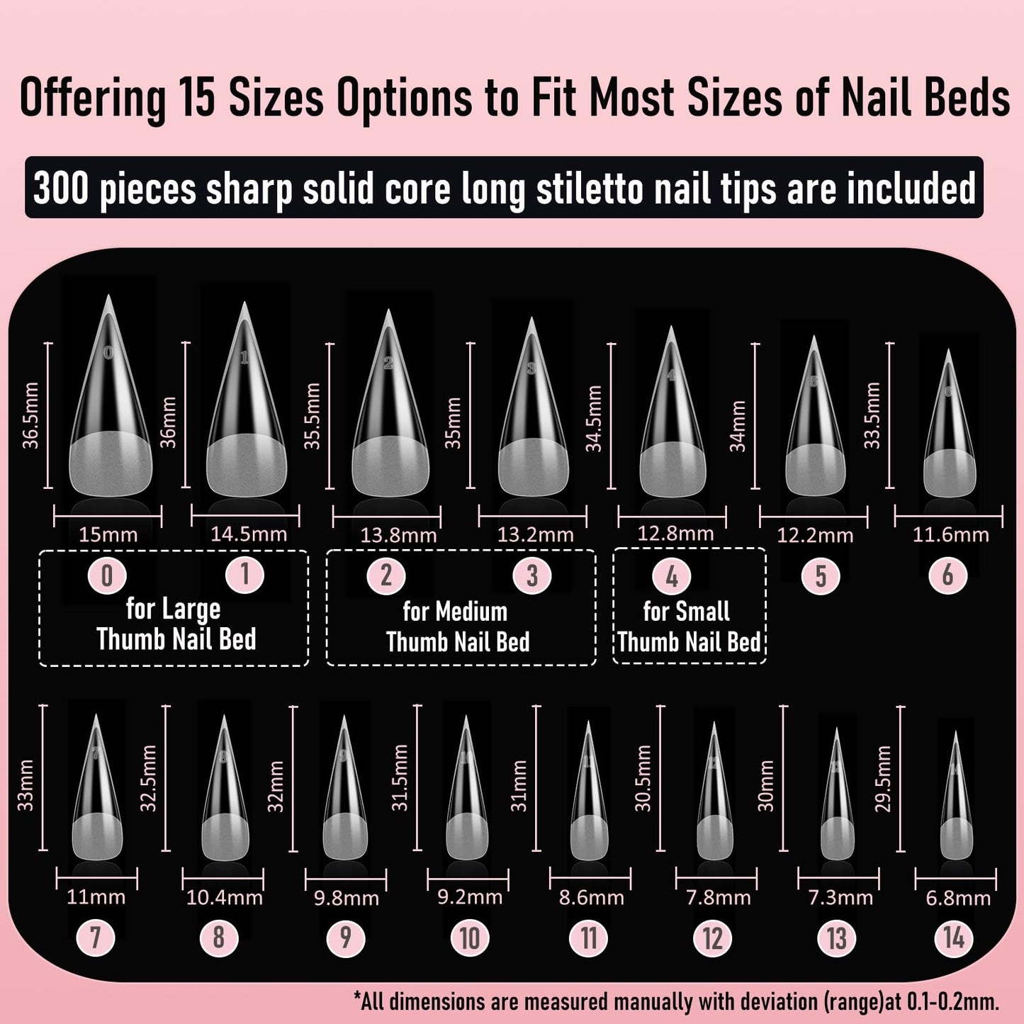 Wellquinn Gel Nail Tips Sharp Solid Core Stiletto Long, 300pcs 15 Sizes, Pre-Etched Half Matte Full Cover Soft Gel Nail Tips, Clear Press on False Nail Extension Acrylic Fake Nails, Easy DIY Salon Art