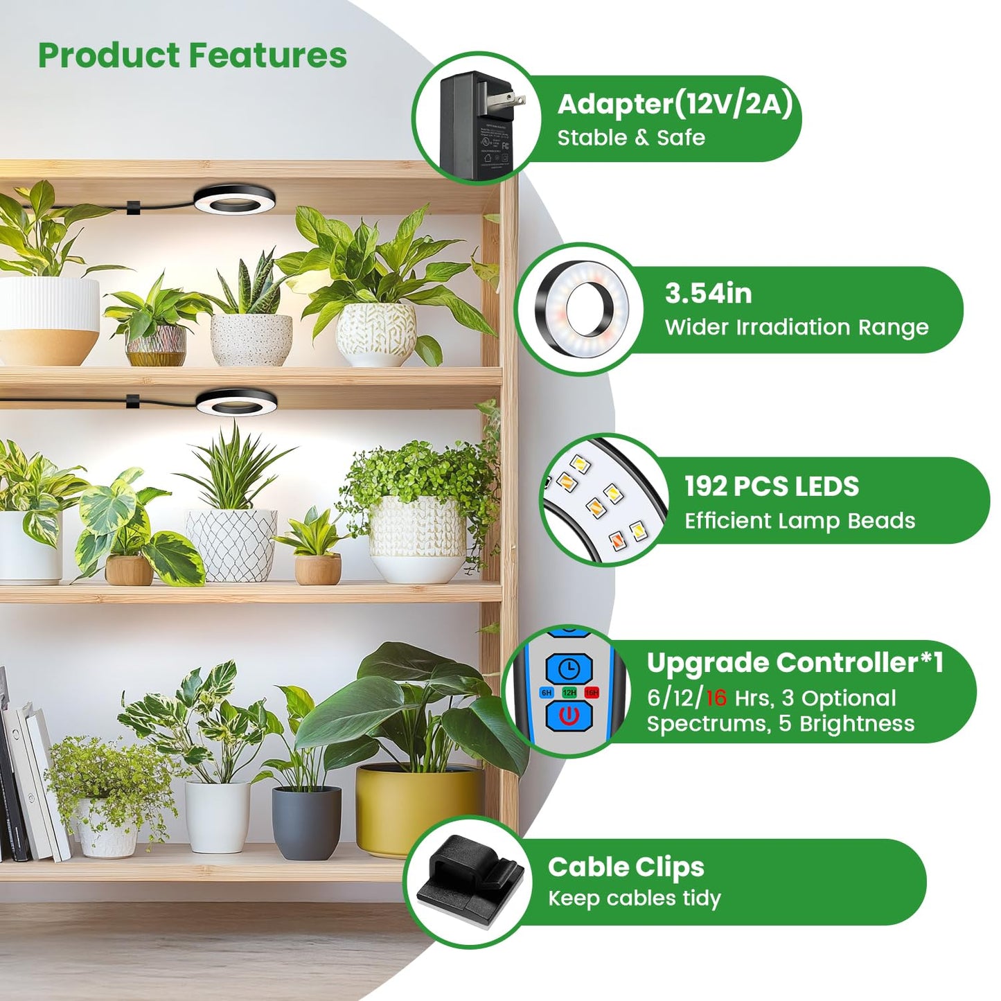 Wiaxulay Grow Lights for Indoor Plants, 192 LED Full Spectrum Plant Lights for Indoor Growing, 12V/2A Under Cabinet Grow Lamp with Auto Timer 6/12/16 Hrs, 3 Lighting Mode, 5 Brightness, Four Head