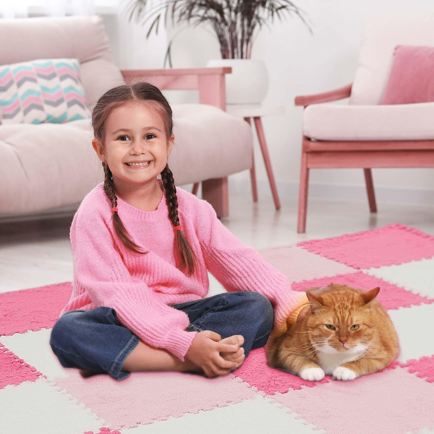Amylove 72 Pieces Plush Foam Floor Mat Square Interlocking Carpet Tiles with Border 12 x 12 x 0.4 in Fluffy Play Mat Floor Tiles Soft Climbing Area Rugs for Home Playroom(White, Pink, Rose Red)