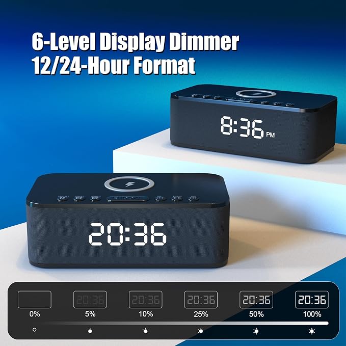 Alarm Clocks for Bedrooms, Wireless Charger, Bluetooth Speaker, White Noise Machine, Digital Clock with Dual Alarm, Dimmable Display, USB Charging Port, Black