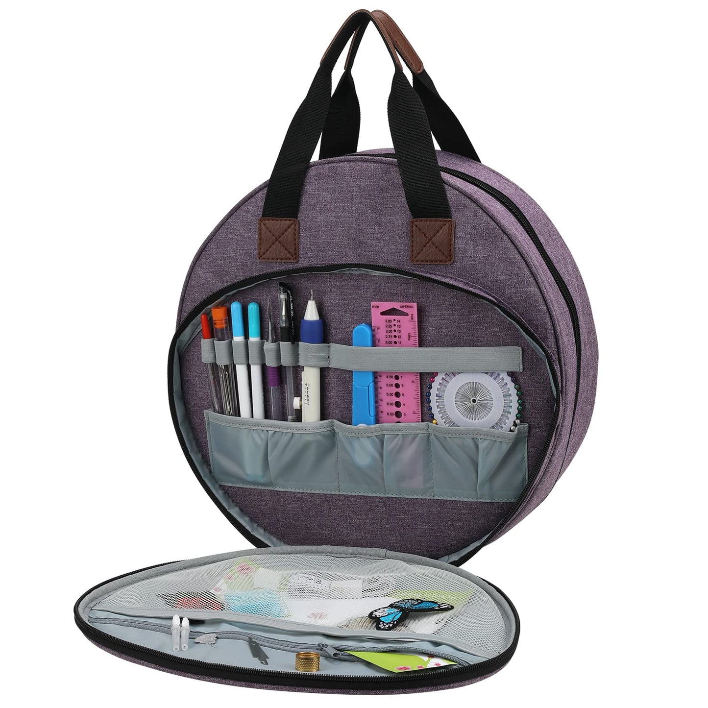 Embroidery Project Bag, Embroidery Kits Storage Bag with Multiple Pockets for Embroidery Needles Embroidery Floss or Other Embroidery Supplies (Purple Circle)