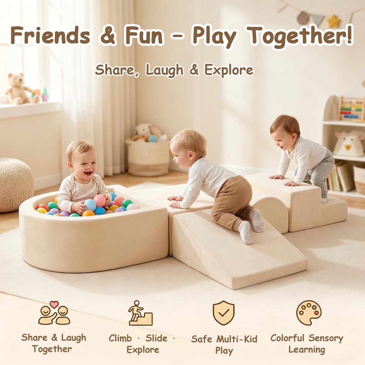 Tiita Foam Climbing Blocks with Small Ball Pit Playground for Baby, Climb and Crawl Playset 5-Piece - Indoor Soft Play Climber for Playtime Fun, Beige