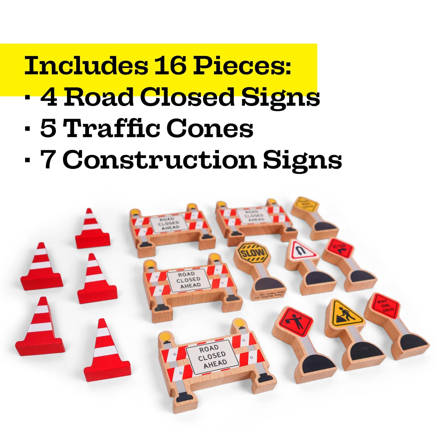 16 Pc Wooden Construction Signs and Traffic Cones - Construction Site Road Signs -Community Helpers Educational Preschool Street Track Accessories