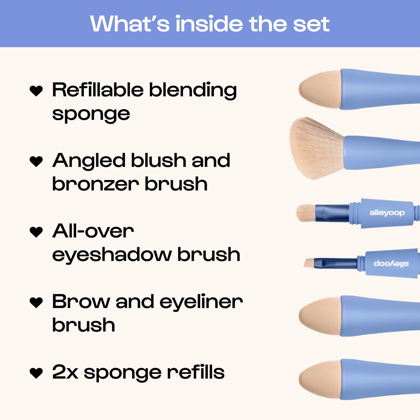 Makeup Brush Set Alleyoop Multi-Tasker 4-in-1 Travel Make Up Brush Set + Blending Sponge Refill Pack – Compact Makeup Brushes for Foundation, Blush, Bronzer, Contour, Eyeshadow, Brows & Liner