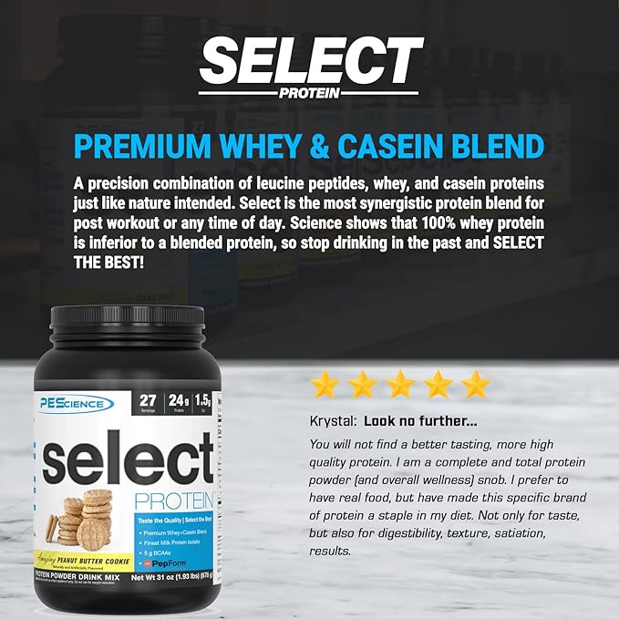 PEScience Select Low Carb Protein Powder, Peanut Butter Cookie, 27 Serving, Whey and Casein Blend, Keto Friendly, Gluten Free, Best Tasting, Clean Isolate for Women and Men