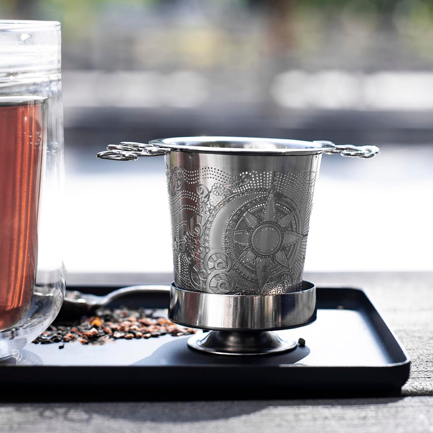 Premium Stainless Steel Tea Infuser Basket Gift Set - Gold Plated Loose Leaf Tea Steeper with Floral Engraved Lid, Stand & Fine Mesh Filter | Best Tea Strainer for Tea Lover