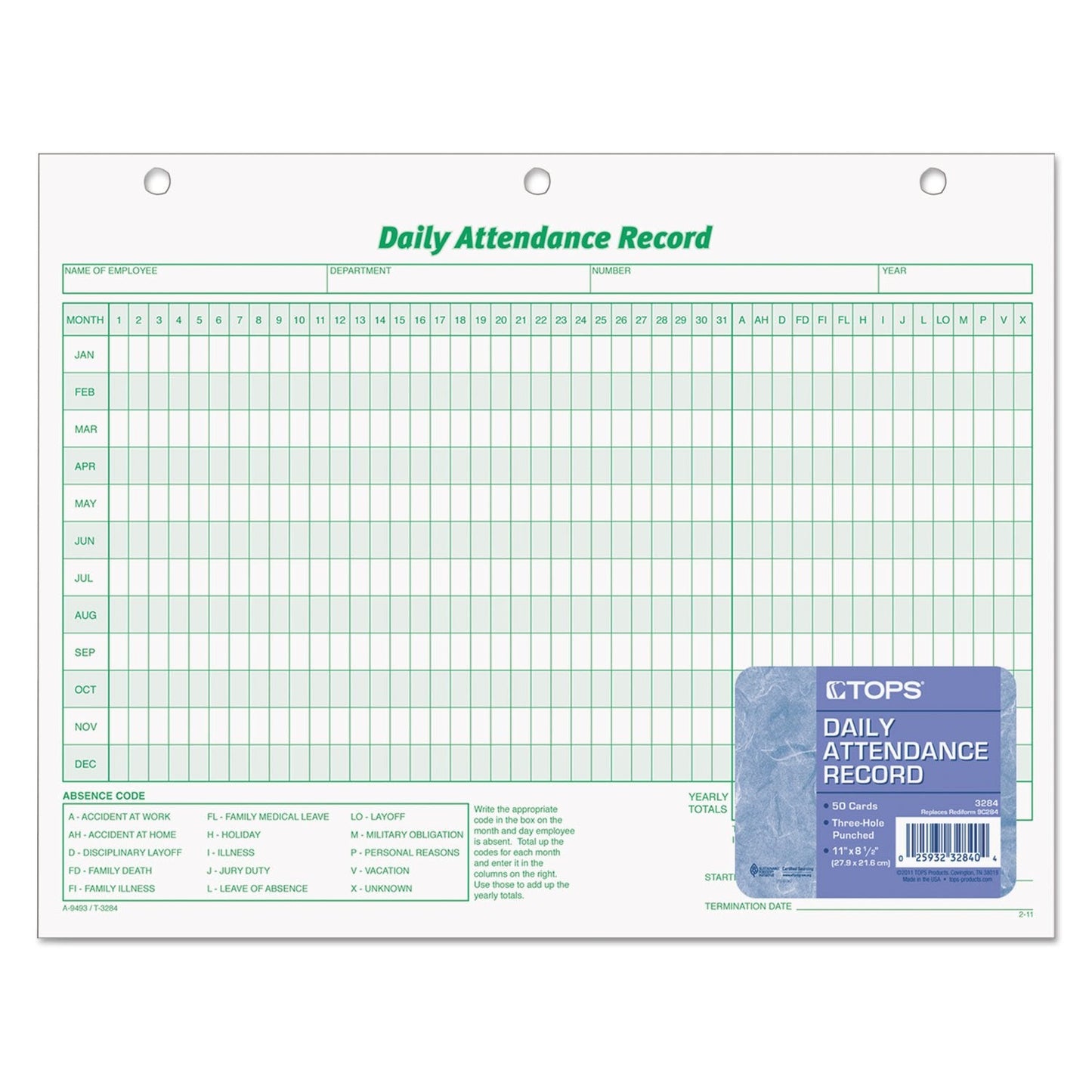 TOPS Daily Attendance Record, Loose-Leaf Style, 8.5 x 11 Inches, 50 Forms per Pack (3284)