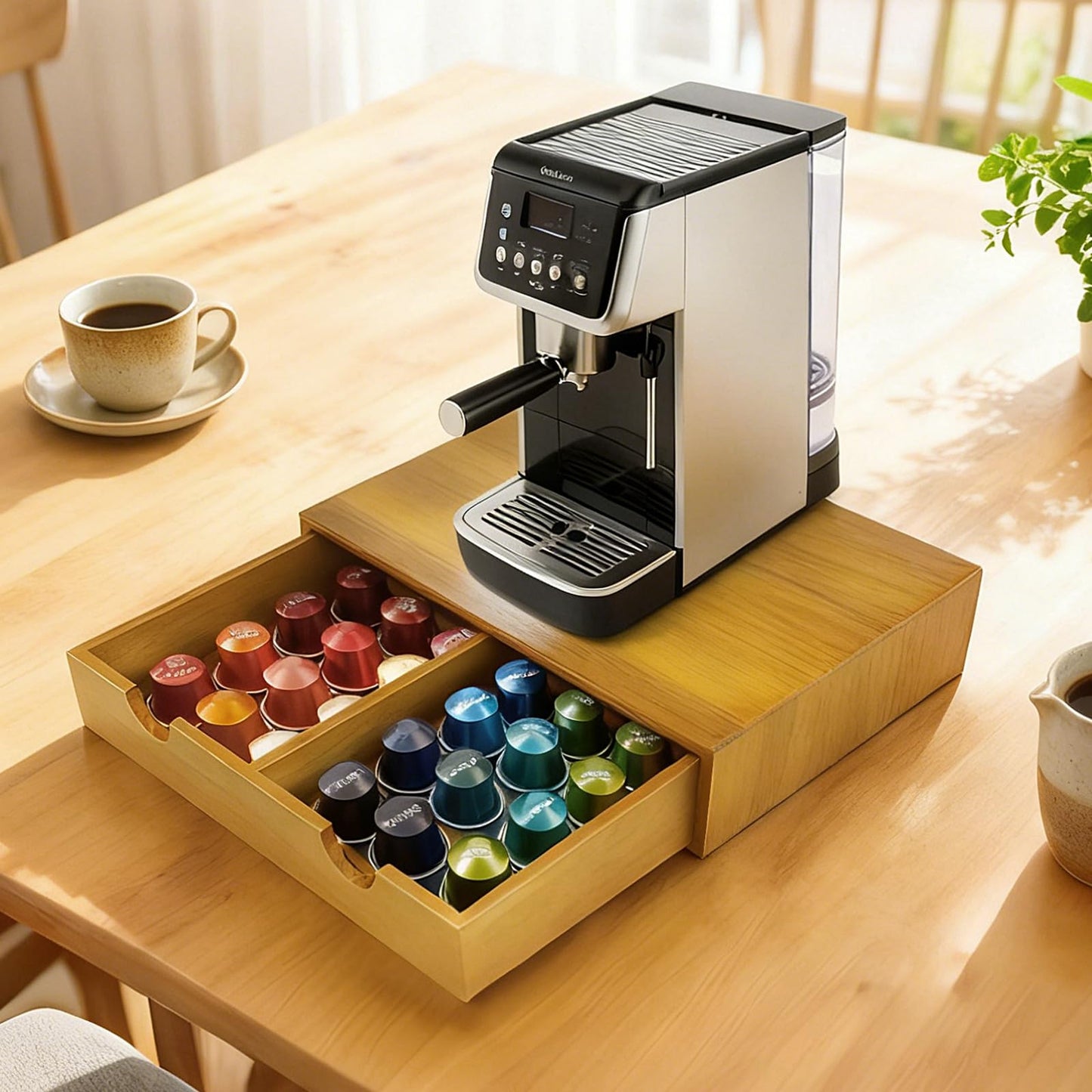 KISENG Coffee Pod 15" X 11" X 3" Natural Wood Countertop Organizer Drawer, Counter Top Espresso Tea Bag Station Storage Holder Box, Brown