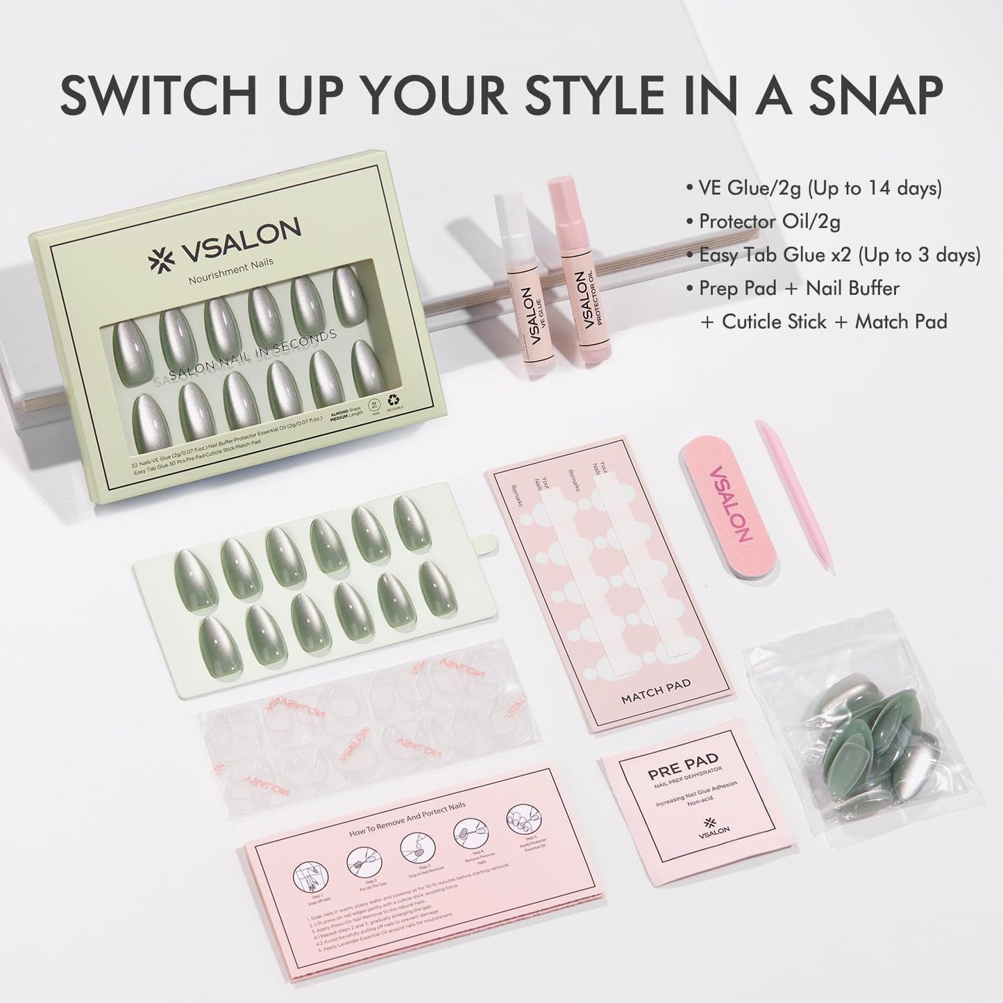 VSALON Almond Medium Press On Nails, Green Holographic Summer Cat Eye Chrome False Nails, Salon Quality Shimmer Fake Nails Kit - 32 PCS Stick on Nails in 16 Sizes with Glue & Cuticle Oil