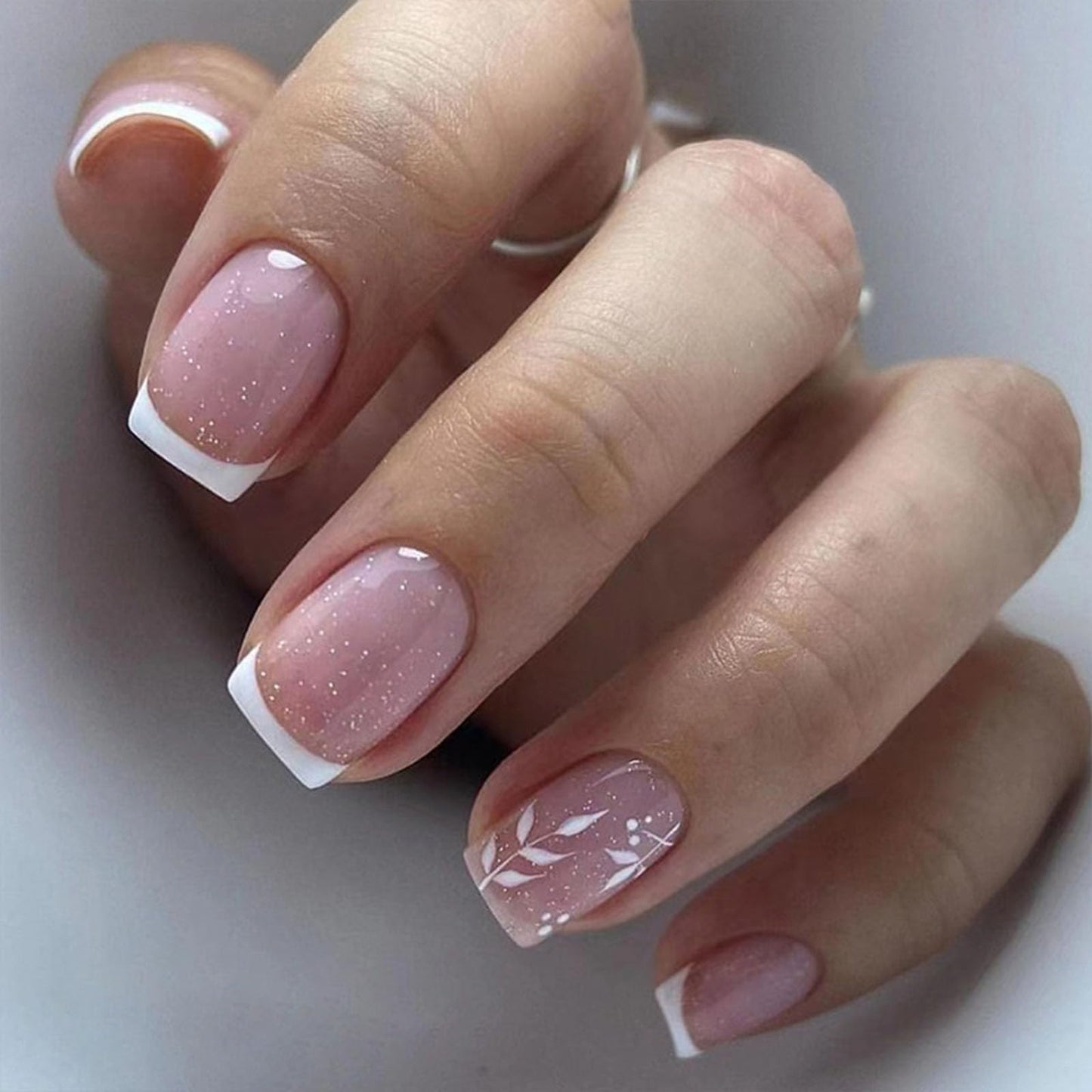 Press on Nails Short Square White French Tip Fake Nails Press ons with Glitter Leaves Designs Acrylic Nails Glossy Glue on Nails Light Purple Full Cover Stick on Nails for Women 24 Pcs