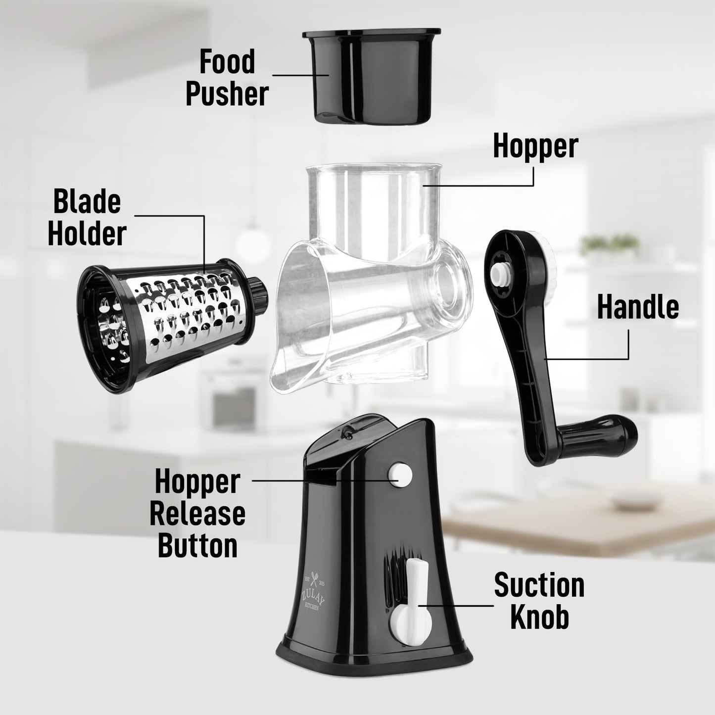 Zulay Kitchen Rotary Cheese Grater 5 Blade Cheese Shredder - Manual Hand Crank Cheese Grater With Reinforced Suction & 5 Interchangeable Drums - Easy to Use, Vegetable Chopper Round Mandoline Slicer