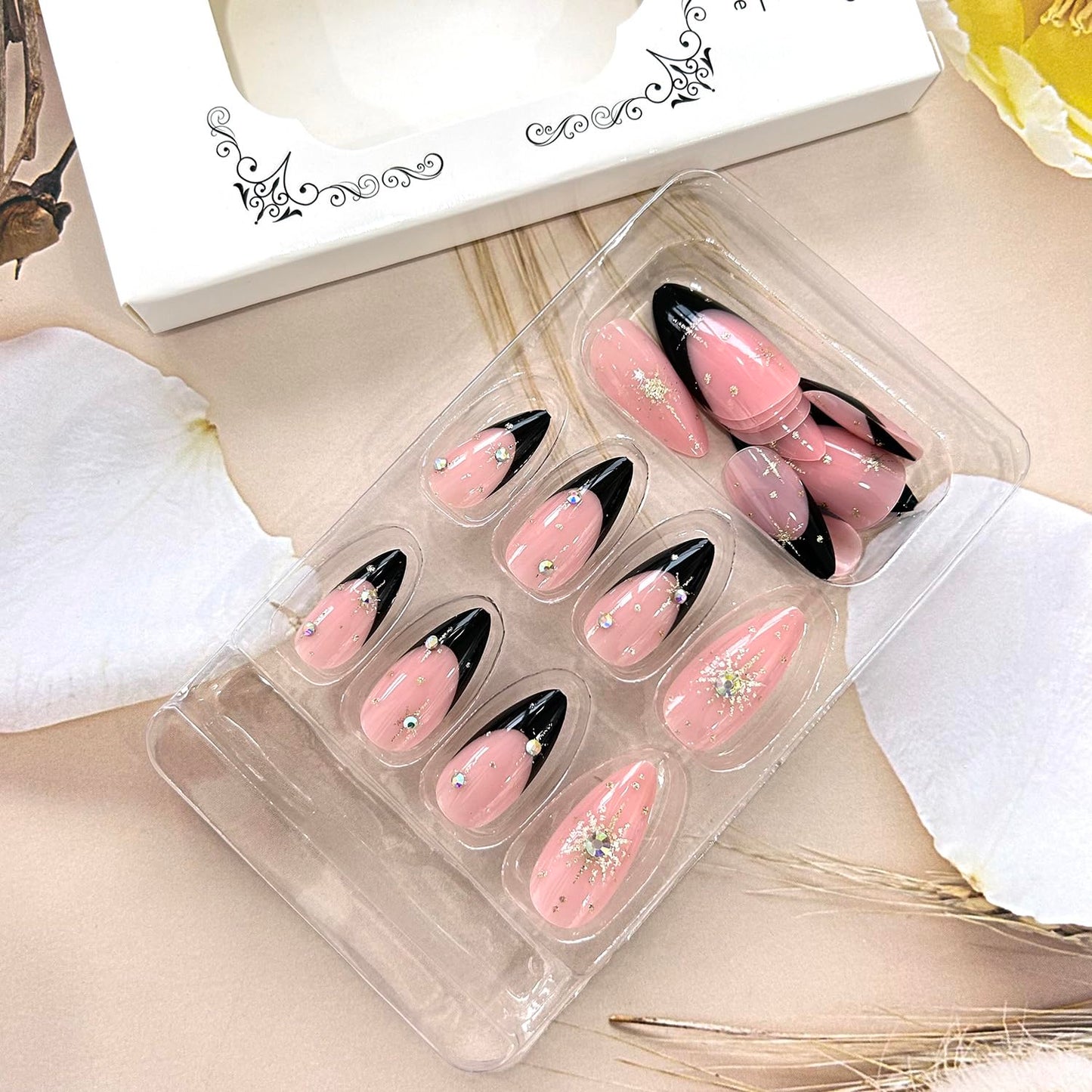 Black French Tip Press on Nails Medium Gold Glitter Rhinestones Design Almond Tip Press Ons False Nail Full Cover Artificial Nails Reusable Handmade Glue on Nails for Women 24Pcs
