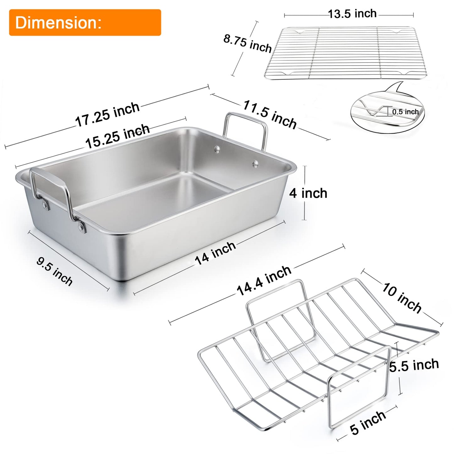 TeamFar Stainless Steel Roasting Pan, 16 Inch Large Turkey Roaster Lasagna Pan with V Rack & Cooling Rack Set for Roasting, Baking, Healthy & Heavy Duty, Deep Side & Dishwasher Safe - 3 PCS