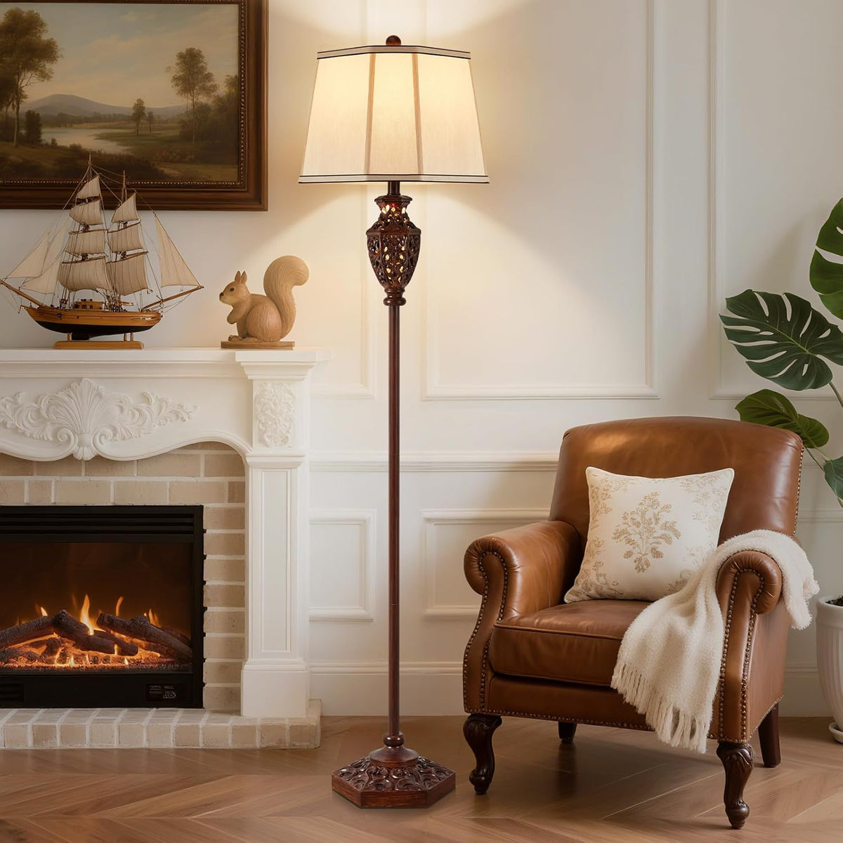 Luvkczc Vintage Floor Lamp - Brown Resin 6-Sided Carved Hollow Light Design, Mid-Century Modern Standing Lamp for Living Room, Bedroom, Study(Bulb Included)