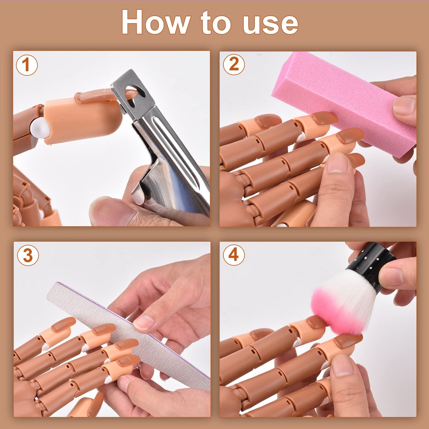 MEKK Practice Hand for Acrylic Nails Flexible Nail Practice Hand Never Fall off Nail Trainning Hand Kits with Nail Files, Brush, Acrylic Clipper and Tips