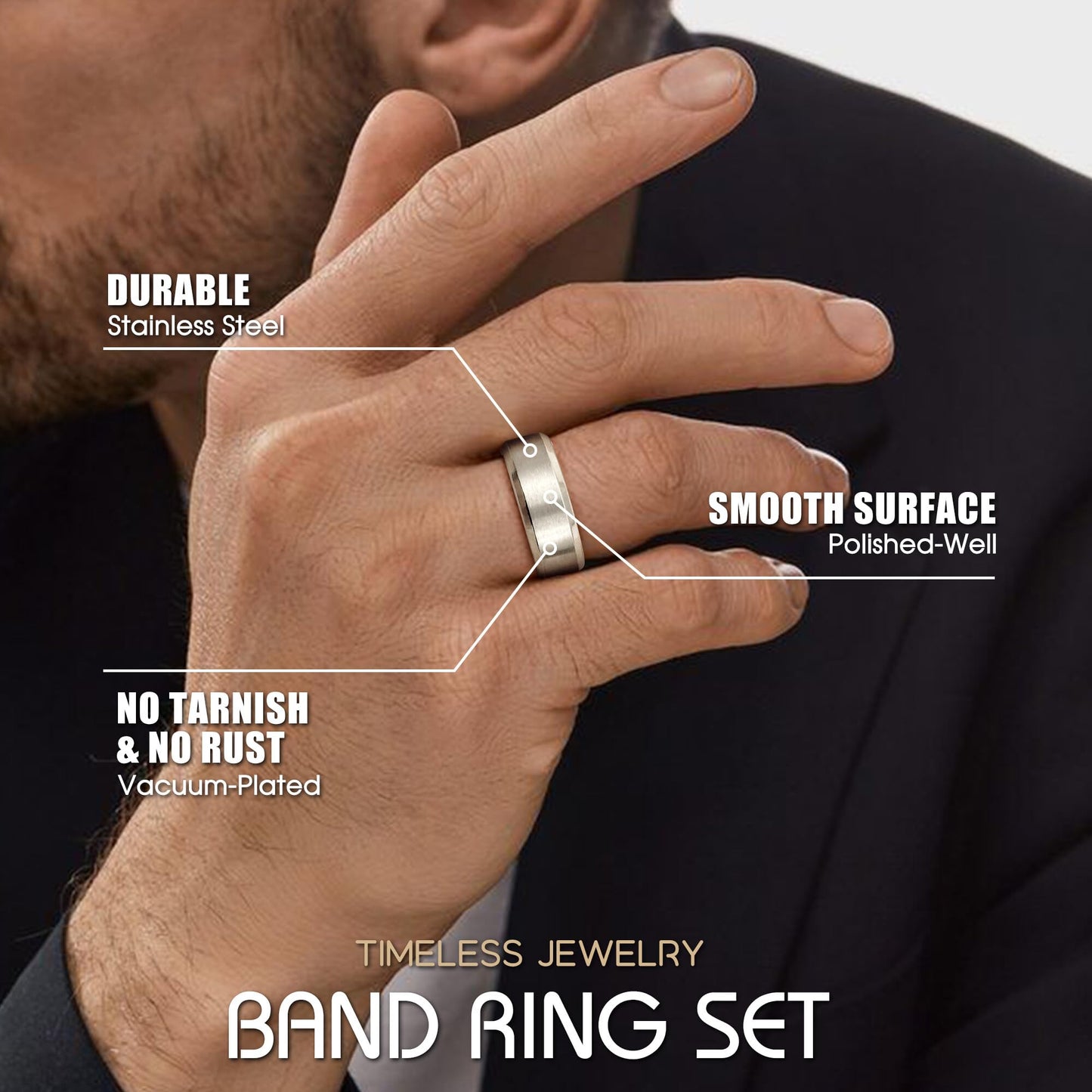 Jstyle Stainless Steel Rings for Men Women 8MM Wedding Band Rings Matte Surface - Beveled Polished Edge Mens Ring Size 7 Silver Plated Ring for Men