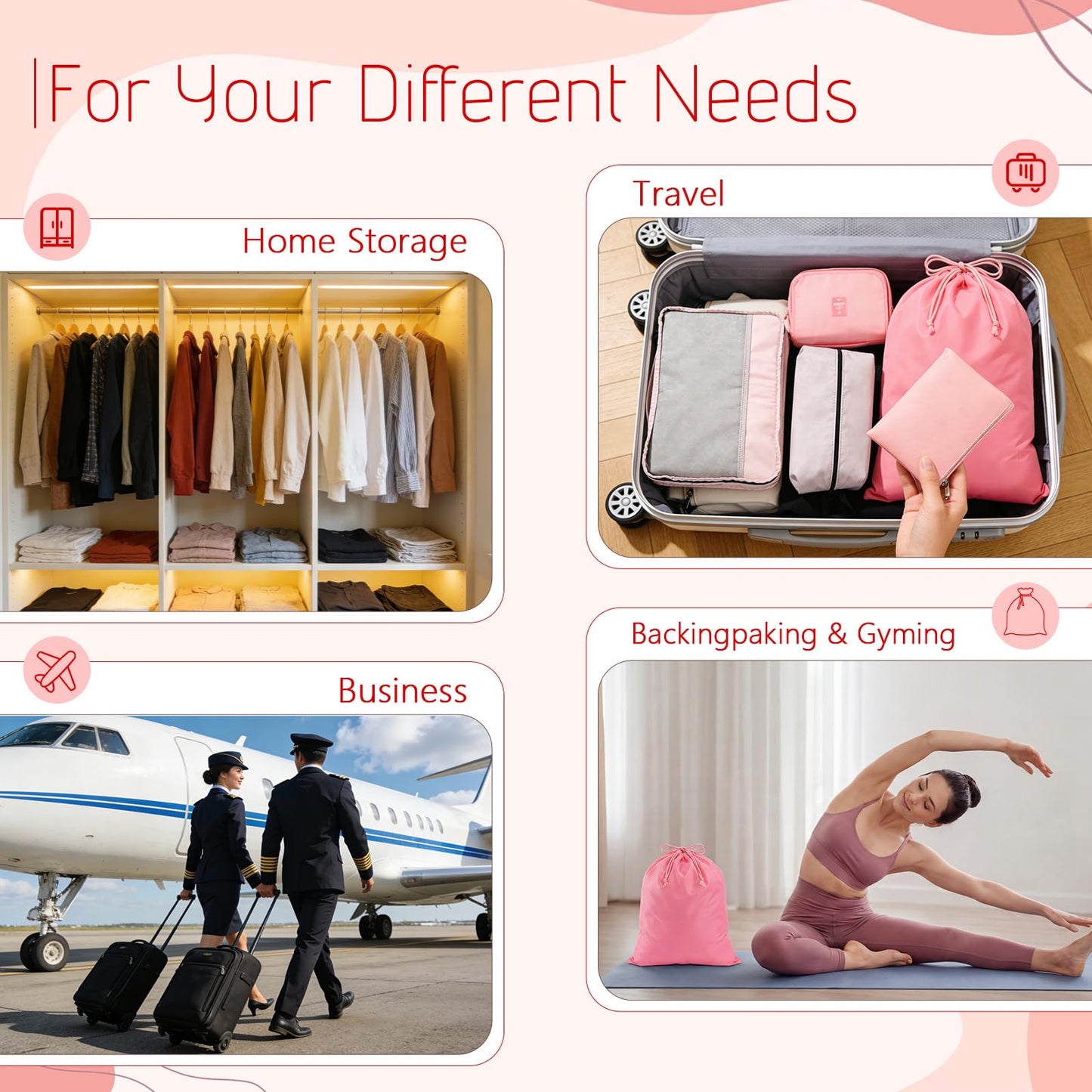 Bulyoou 9 Pcs Packing Cubes Set for Travel with Waterproof Clothing Cubes Toiletry Shoe Laundry Jewelry Bag for Women Men(Light Pink)