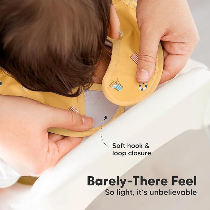 3-Pack Waterproof Baby Bibs for Eating - Lightweight Toddler Feeding Bibs with Large Food Catcher, Mess Proof, Food-Grade Baby Eating Essentials, Easy to Put On & Clean (Beach Day)
