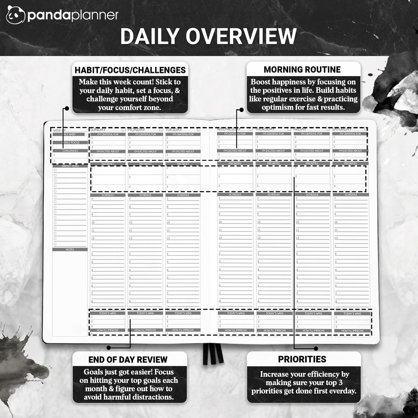 Panda Planner Weekly 2026, Undated Weekly Planner for Office, School & Home – 8"x11" Soft Vegan Leather Organizer Notebook with To-Do Lists, Habit Tracker, Notes & Agenda – Black