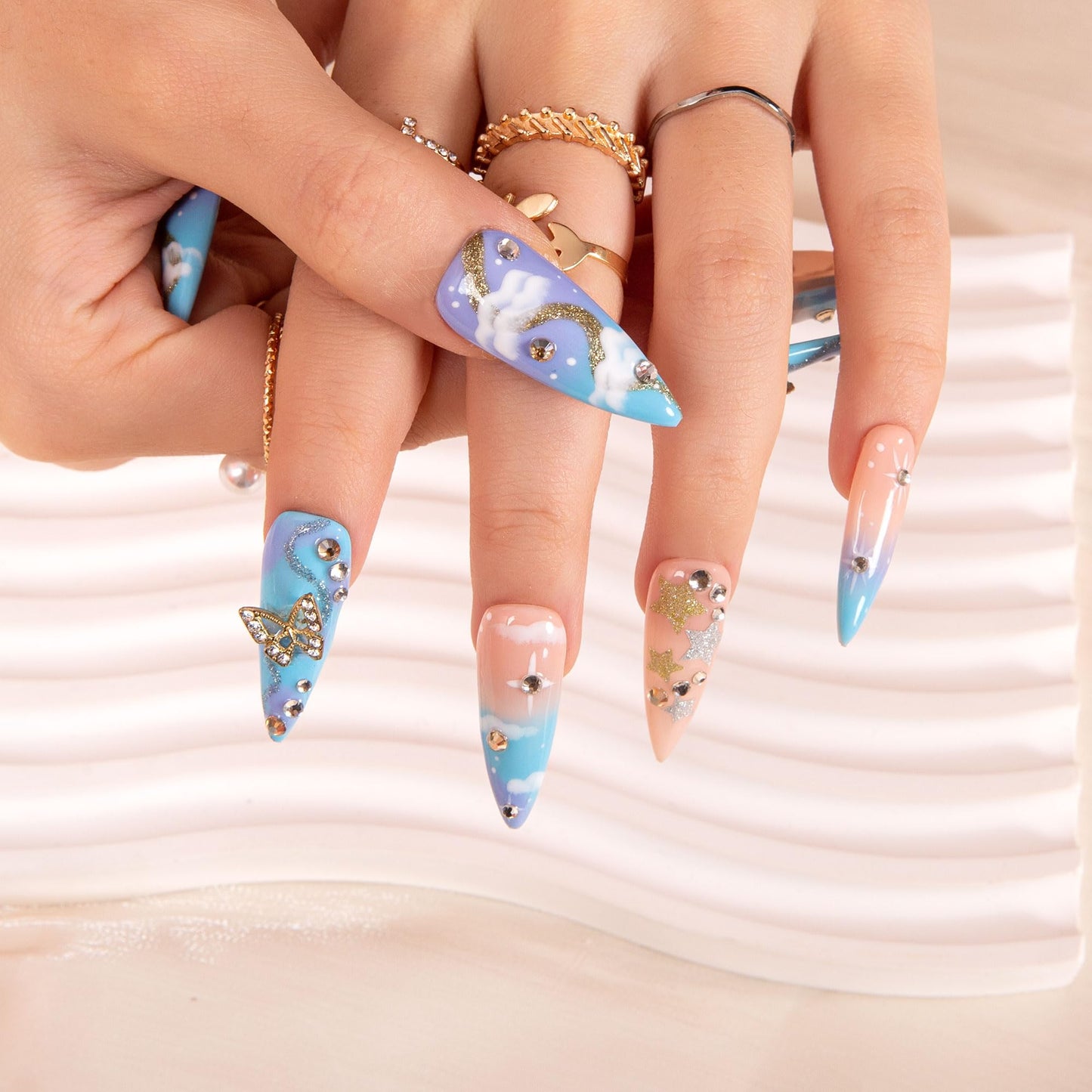 LOVFUL Press on Nails Dreamland | Handmade with Full Covered Crystals | Reusable Full Cover Nails | Stiletto Classic Regular 1.3 in | H350-M