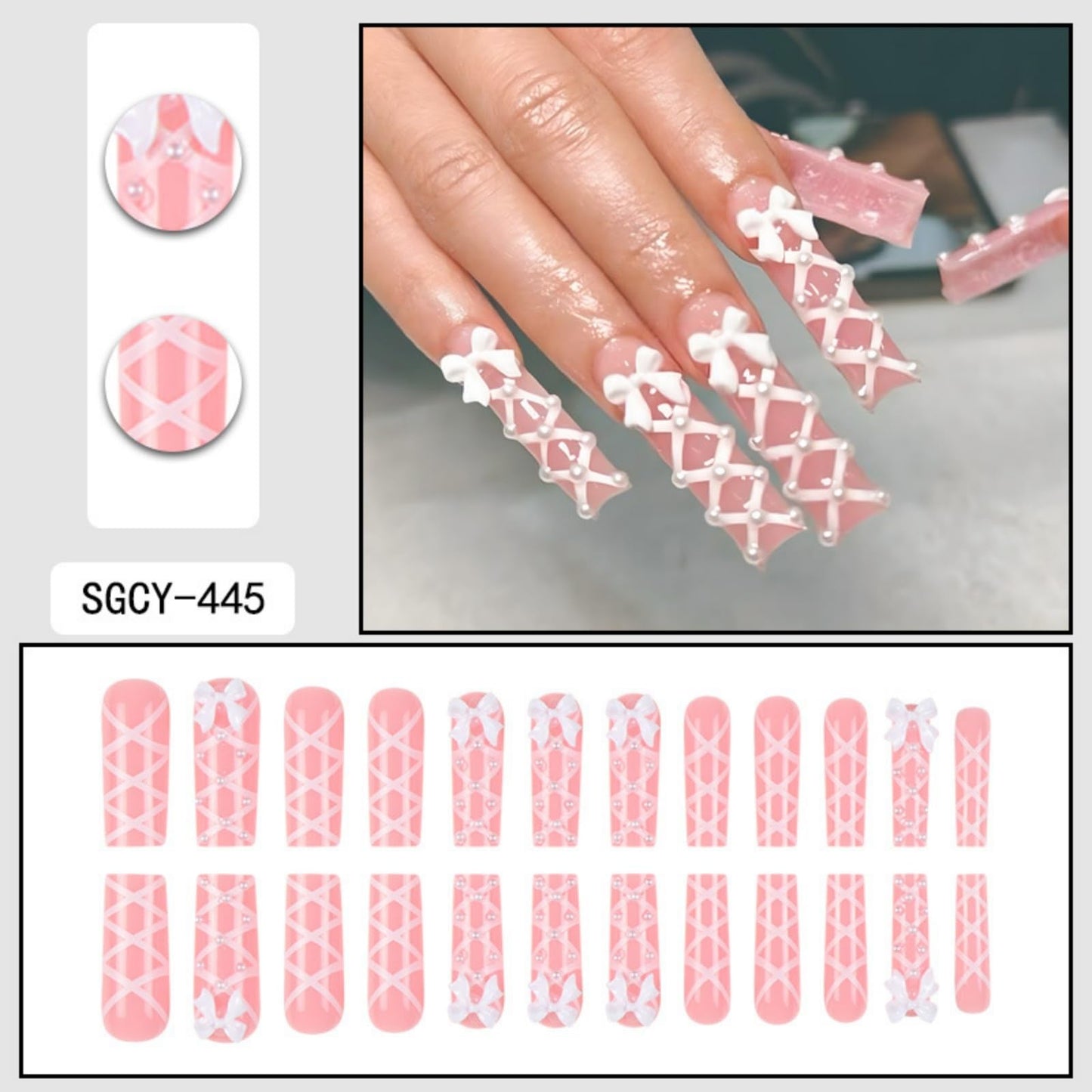 SEENEEY Long Press on Square Nails, 24pcs Pink Artificial Nails with White Bow Designs, Acrylic Material, Full Cover Nail, Press-On False Nails