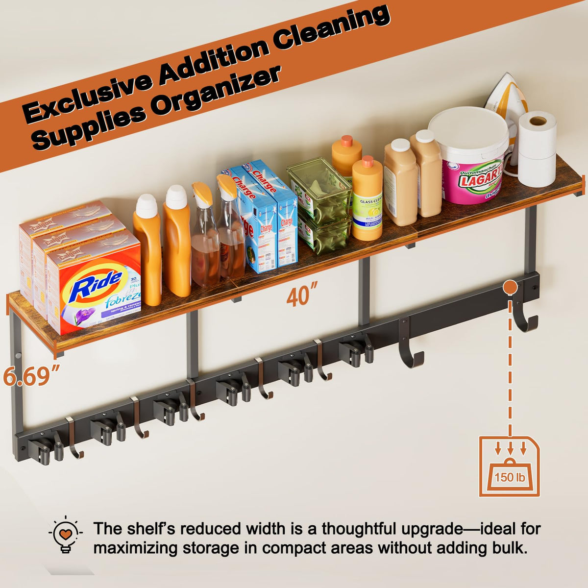 Broom Holder Wall Mount with Cleaning Supplies Organizer