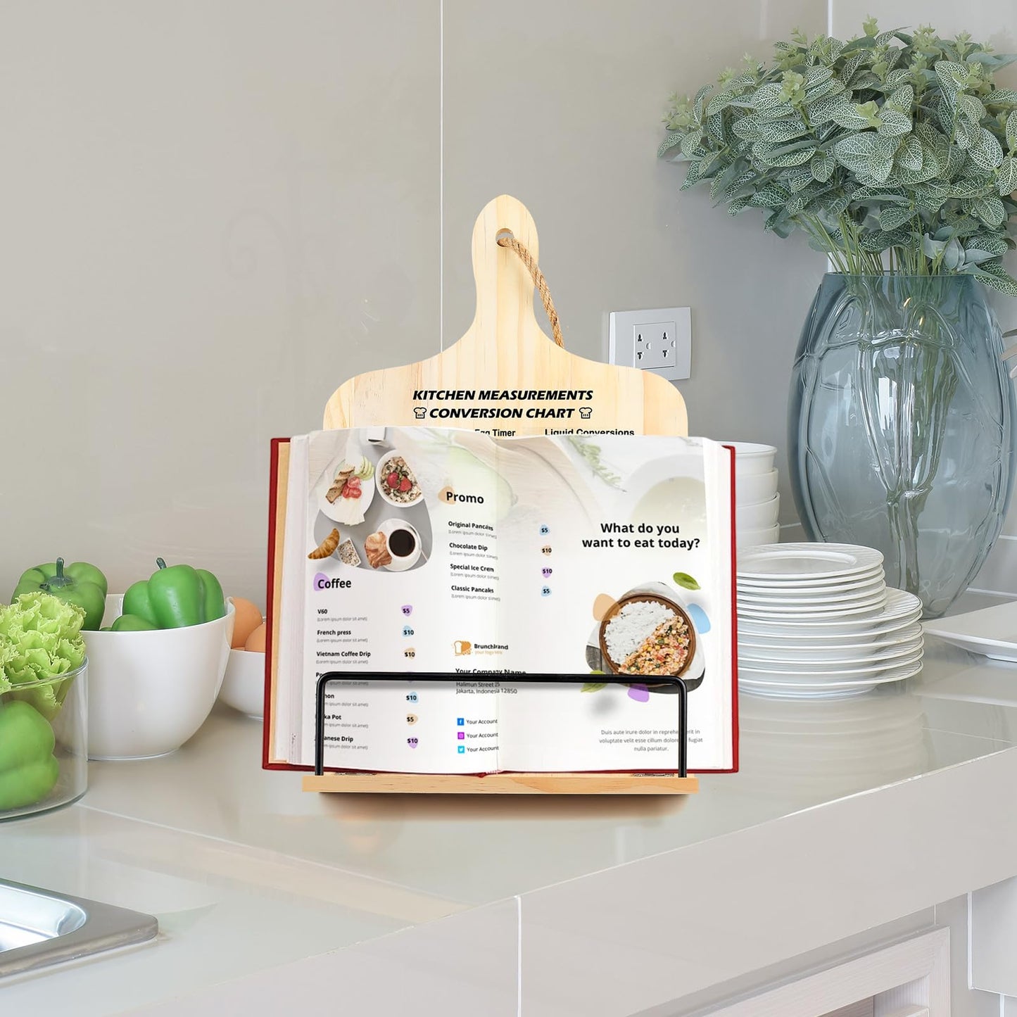 comfoyar Cookbook Stand for Kitchen Counter, Sturdy Recipe Book Holder with Adjustable Angle, Foldable Wood Cook Book Stand Holder with Measurement Conversion Chart for Baking, Easy Storage