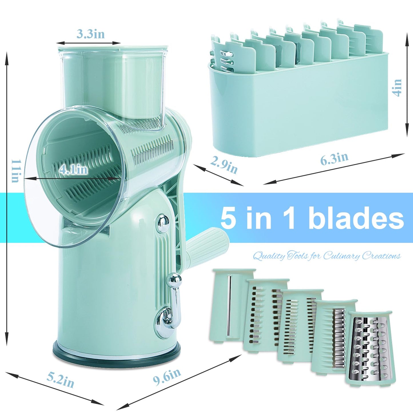 ENERGEVITY Manual Rotary Cheese Grater with Handle, 5 in 1 Replaceable Stainless Blades Cheese Shredder,Strong Suction Base Vegetable Slicer with Cleaning Brush & Bonus Storage Box for Blades (green)