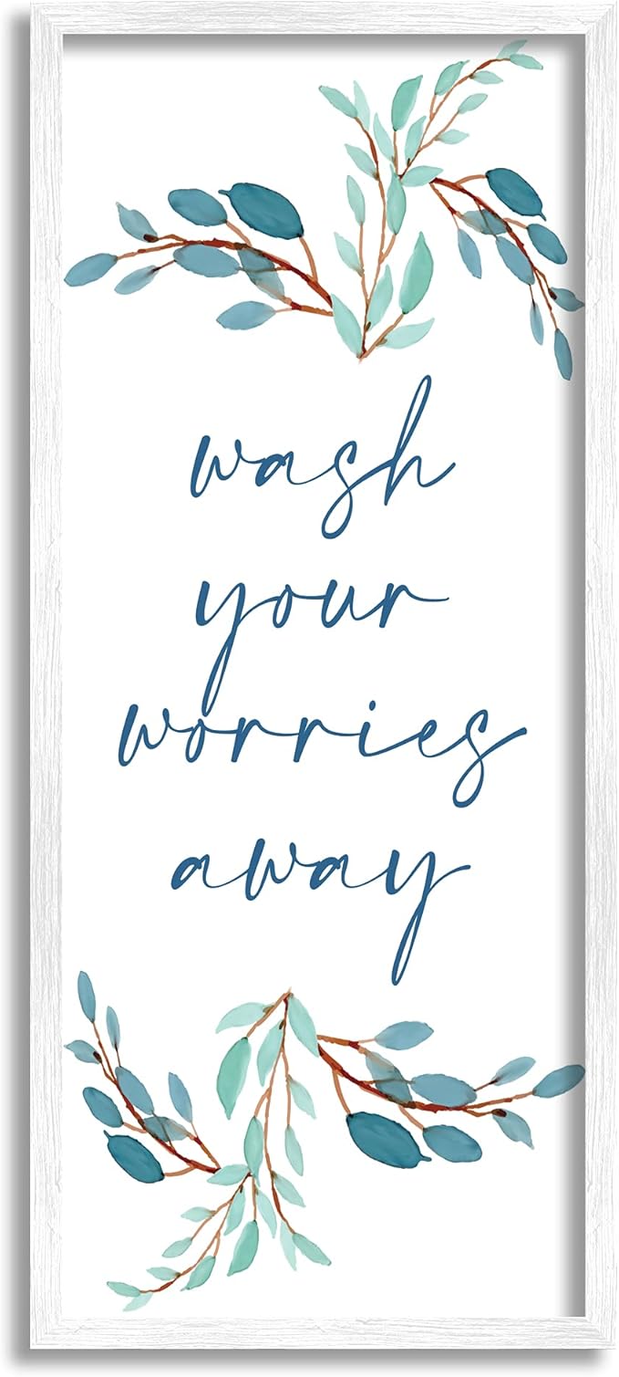 Stupell Industries Wash Your Worries Away Bathroom Phrase Blue Plants, Designed by Kim Allen White Framed Wall Art, 10 x 24