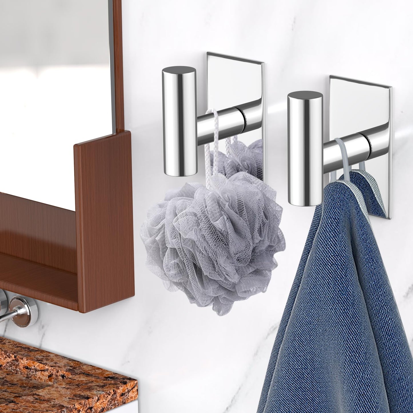 VAEHOLD Wall Towel Hooks, Heavy Duty Sticky Holder Waterproof Towel Hooks for Hanging Coat, Clothes, Closet Hook Wall Mount for Kitchen (Chrome, 4 Pack)