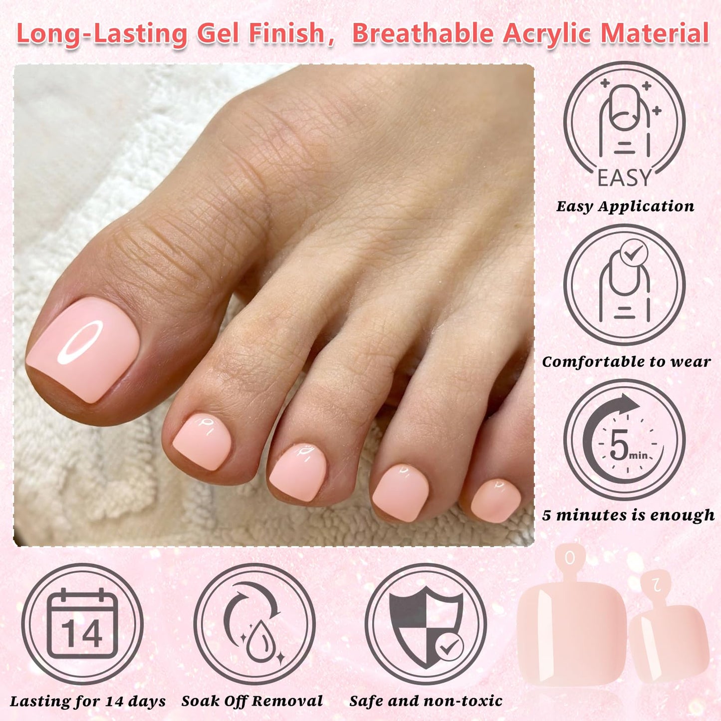 EternalClassic 144pc Press on Toenails for Women Toe Nail Press ons Short Square with Glue&Jelly Glue, Nude Fake Toe Nails Glue on Toe Nails, Full Cover Acrylic Artificial Toe Press on Nails