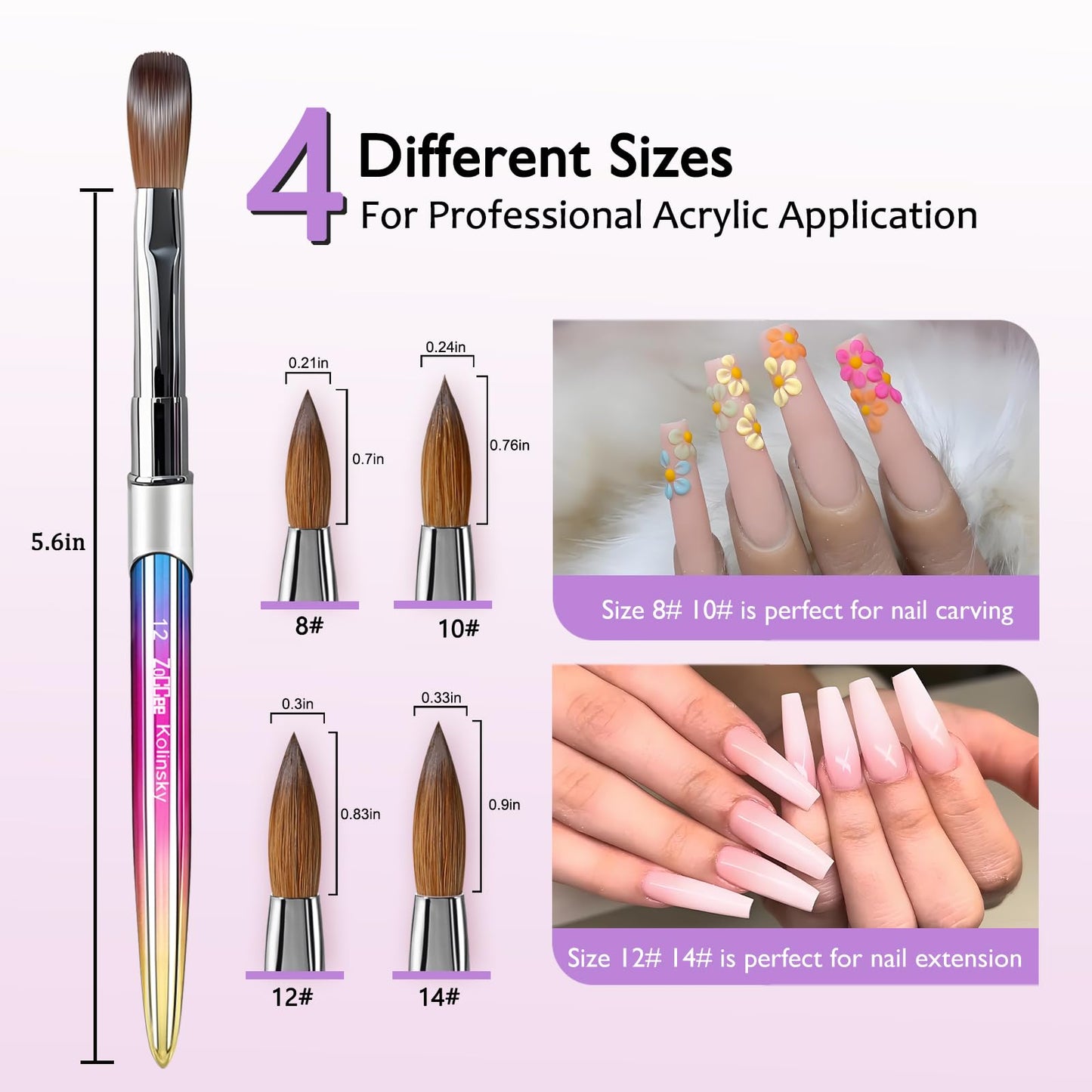 Acrylic Nail Brush - 100% Kolinsky Sable Hair Brush for Acrylic Application - Professional Salon-Grade Tools with Box for Nail Art, Extensions & 3D Carving (Gradient, #8)