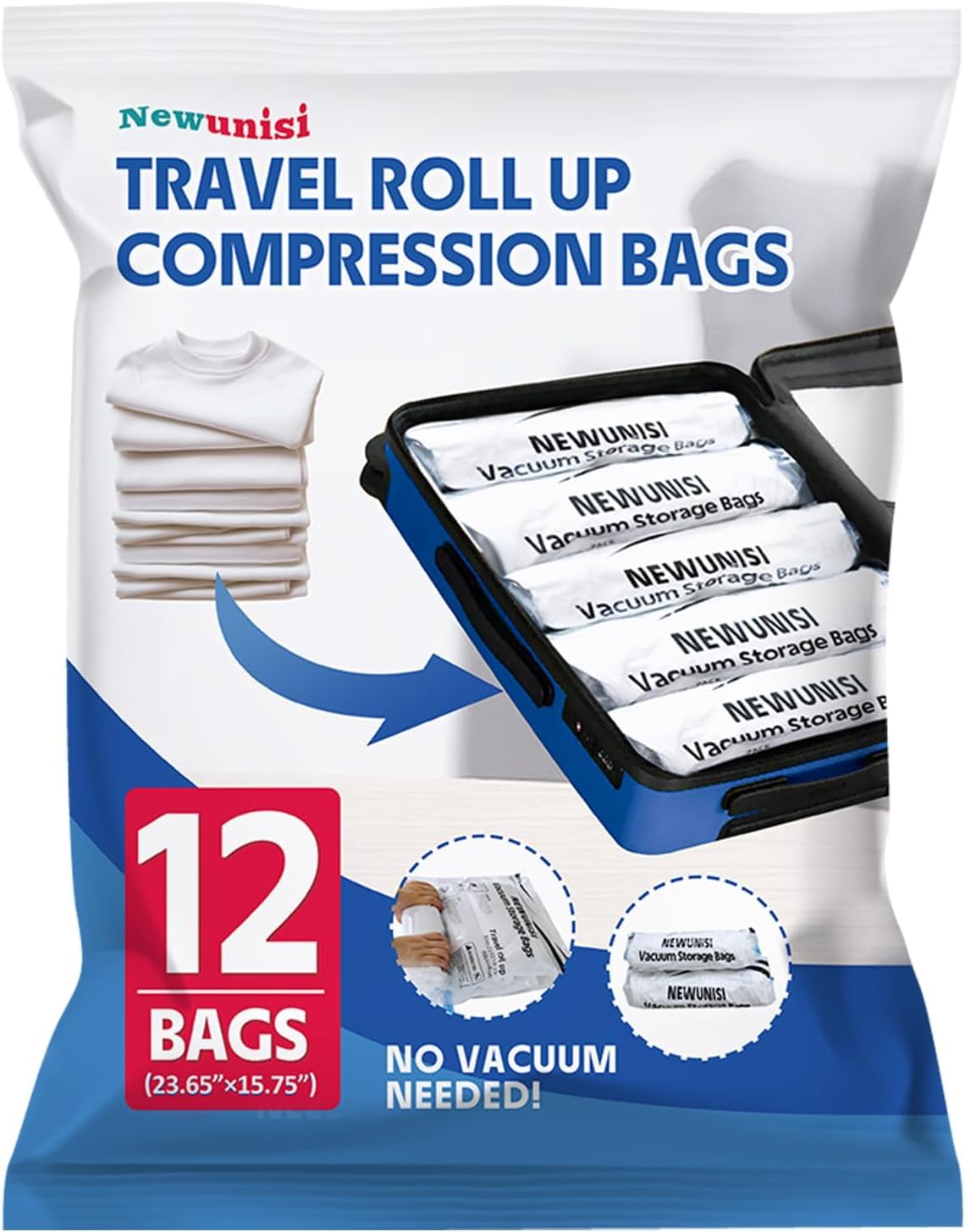 12 Pack Vacuum Storage Bags, Compression Bags for Travel, Roll Up Reusable Travel Space Saver for Luggage, Camping, and Storage (No Vacuum or Pump Needed).