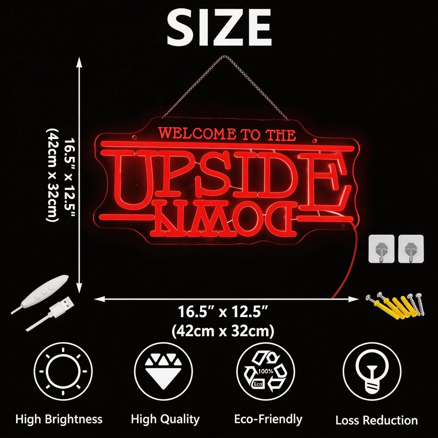 Jesalah Welcome To The Upside Down Neon SignLED Sign – "World Upside Down" Retro Sci-Fi Wall Light with Chain & Mounting Kit, 16.5"x12.5", USB Powered for Bedroom, Game Room & Bar Decor
