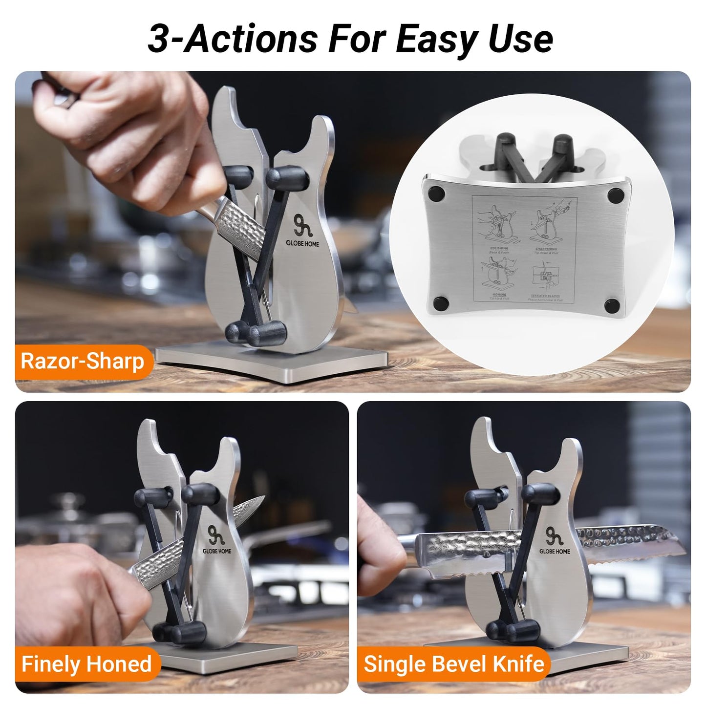 GLOBEHOME Professional Knife Sharpener for Kitchen, 3-Action Blade Sharpener with Tungsten Carbide, Auto Adjustable Brushed Stainless Steel Manual Sharpener for Serrated, Beveled, Standard Blades