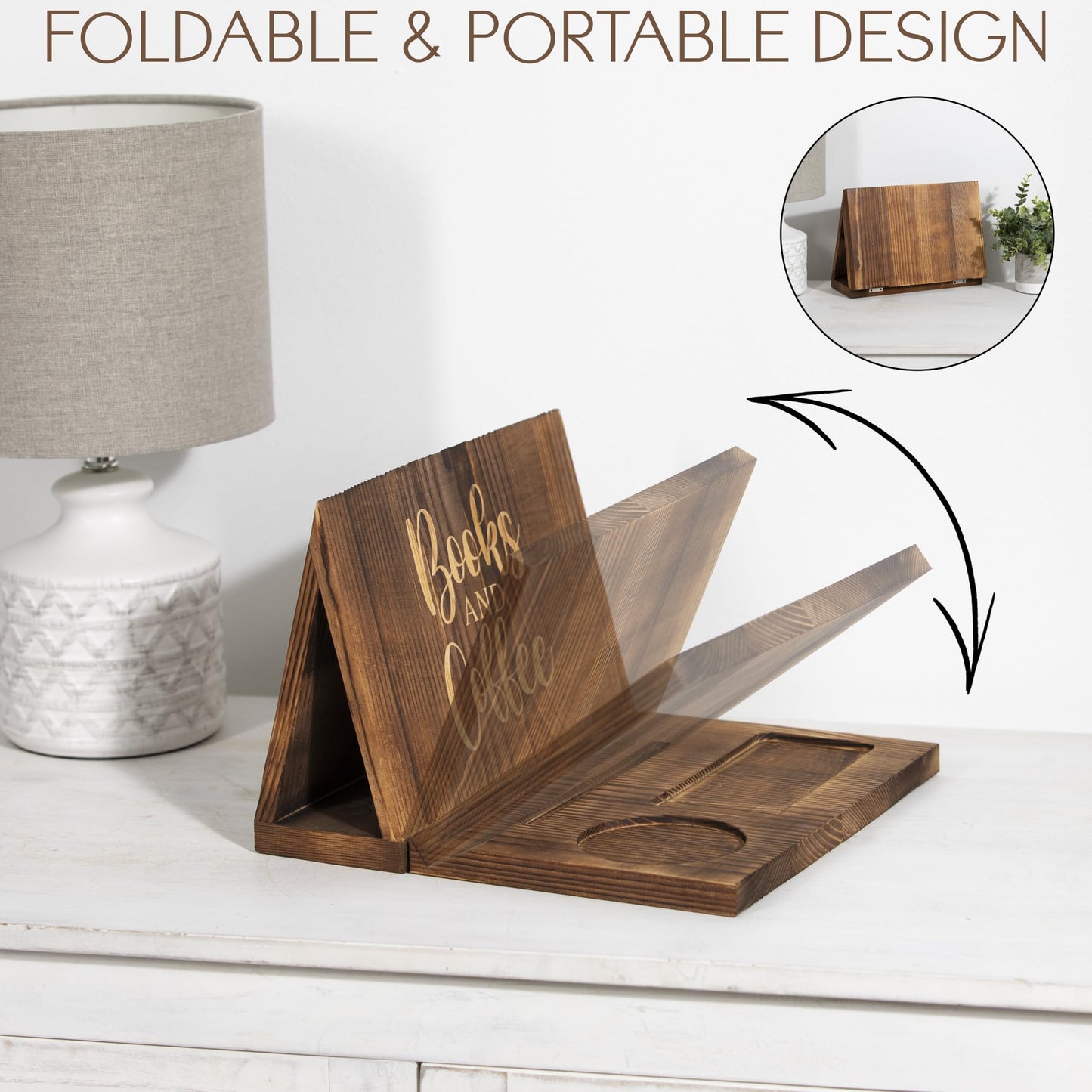 Wooden Book Holder for Page Rest,Book Valet Book Stand with Cup,Glass&Pen Holder,Idea Gift for Book Lover and Table Décor.