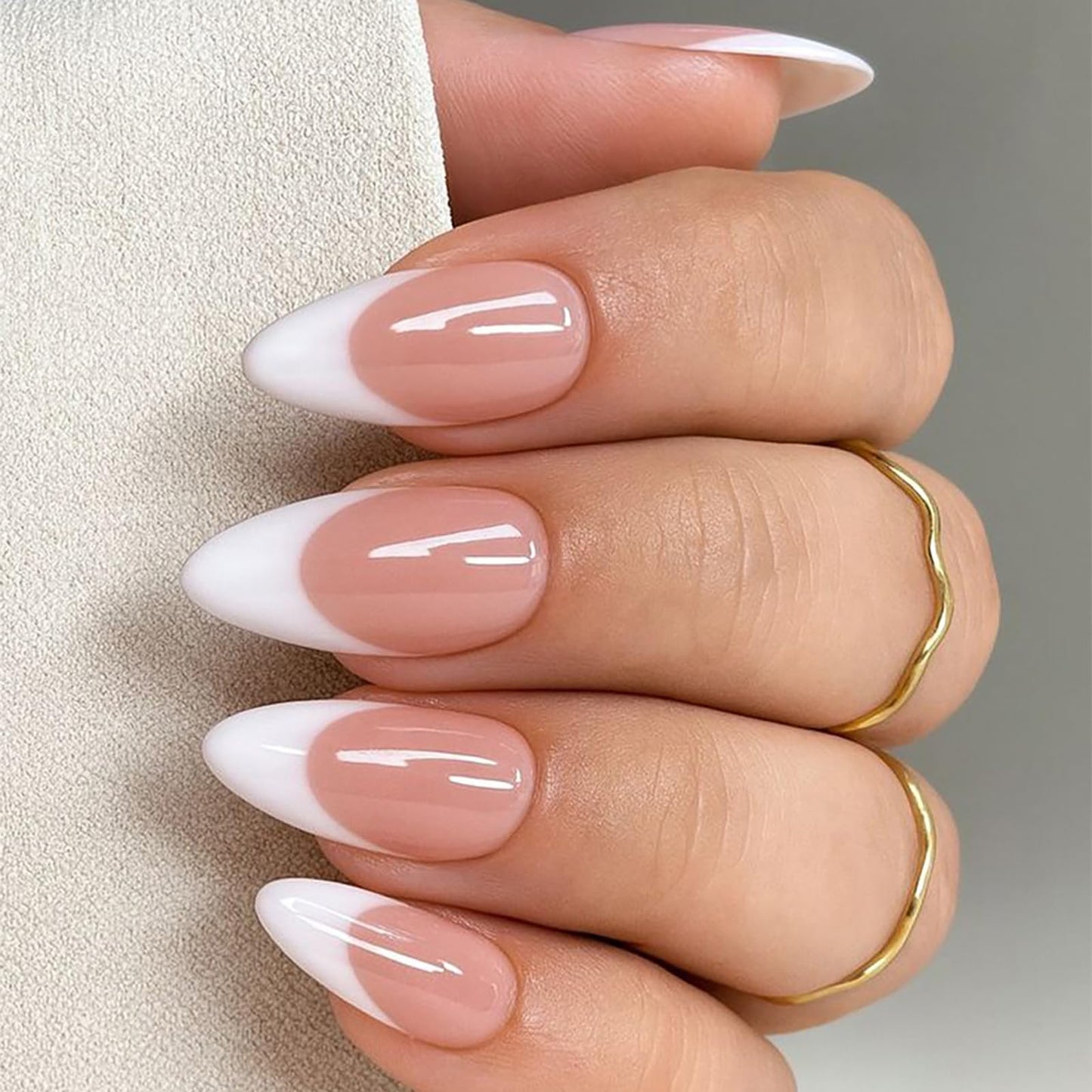 French Tip Press on Nails Medium Almond Fake Nails Nude Pink White Nails Press ons Acrylic Nails False Glossy Full Cover Artificial Stick on Nails for Women Girls 24 Pcs