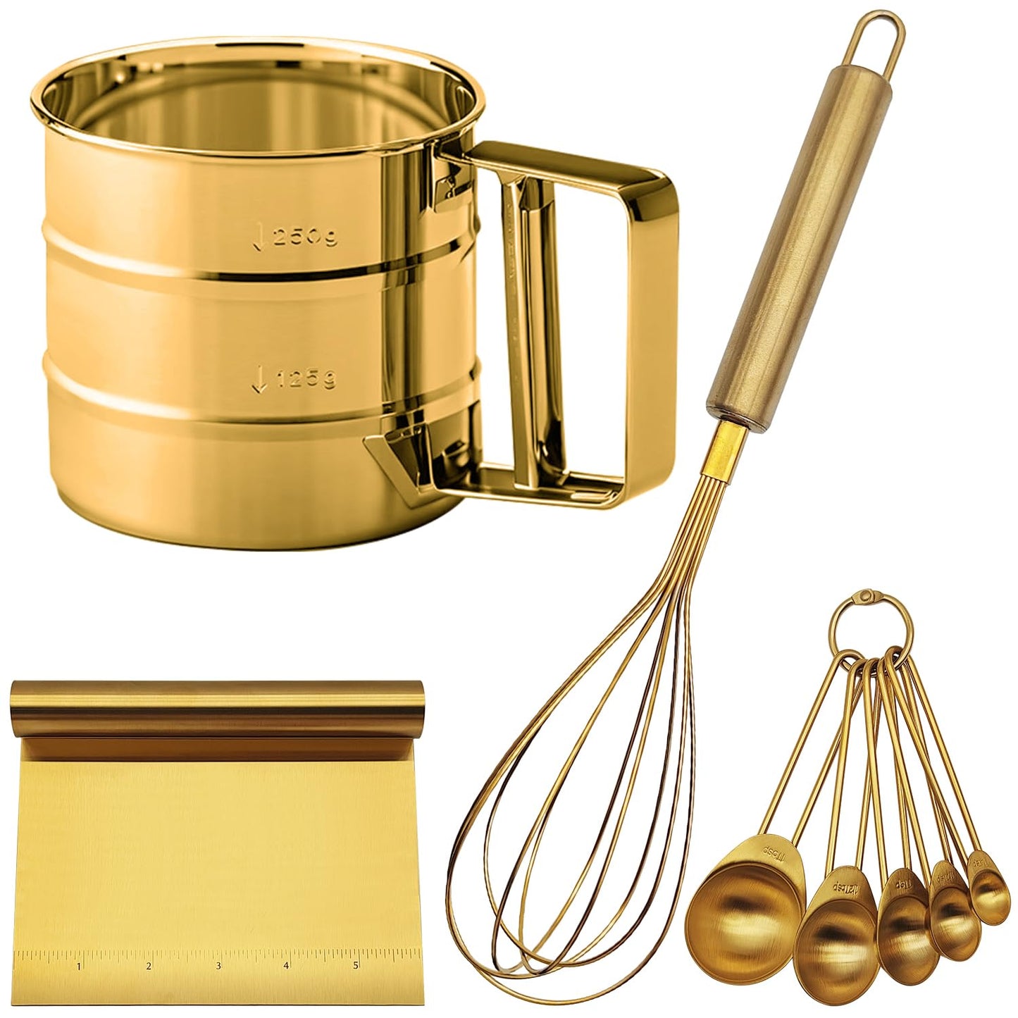 Gold Flour Sifter Baking Tool Set, findTop Stainless Steel 4-Piece Kit with 10" Whisk, Dough Scraper & 5 Measuring Spoons, Mirror Polished, Easy to Clean, for Cake Bread Cookie Prep