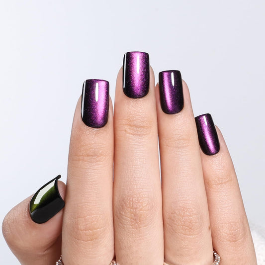Purple Cat Eye Press On Nails - Short Square Purple Nails Press Ons for Women Fake Nails with Glue, Glossy Reusable Glue on Nail in 16 Sizes - 32pcs
