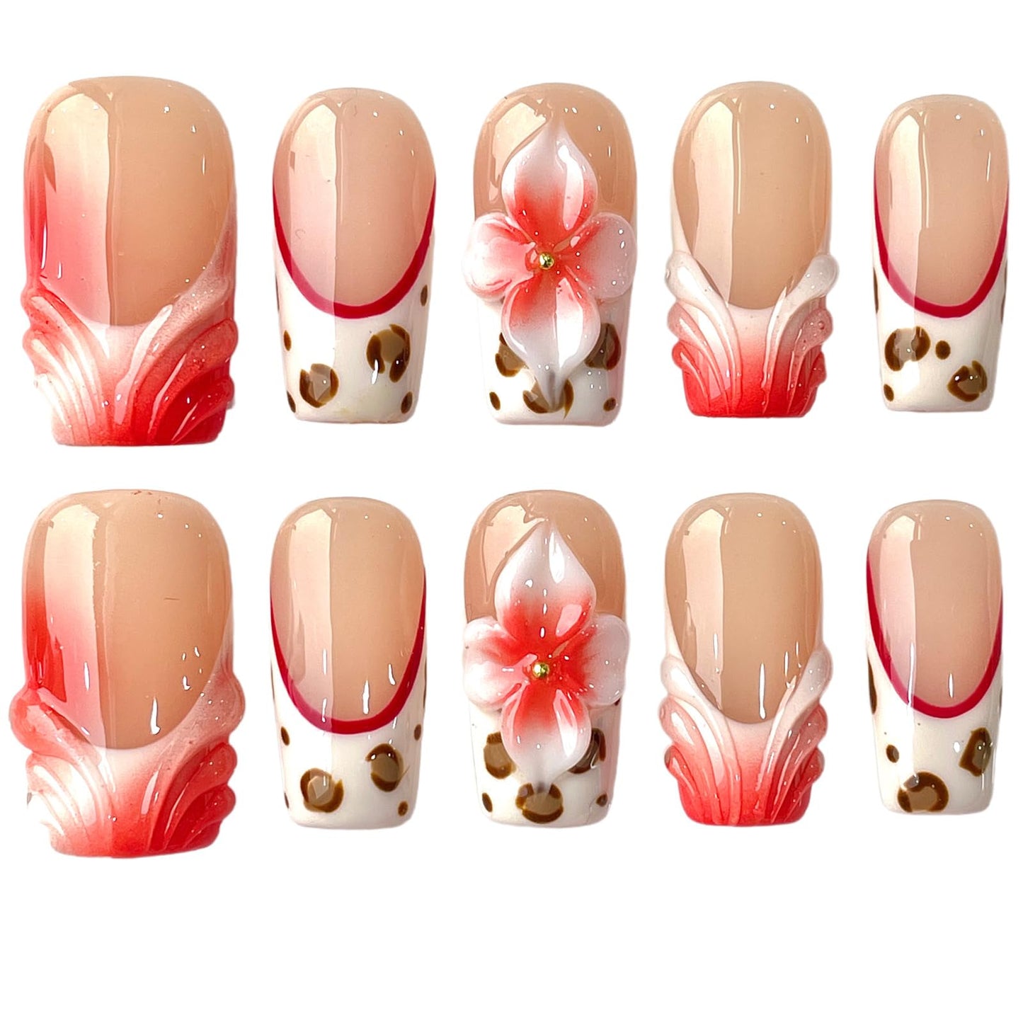 3D Handcrafted Press On Nails Medium/Short Square Length, Red French Tip Fake Nails with Leopard Print & Flower Design, Reusable Acrylic False Nails Crimbon Bloom (L)