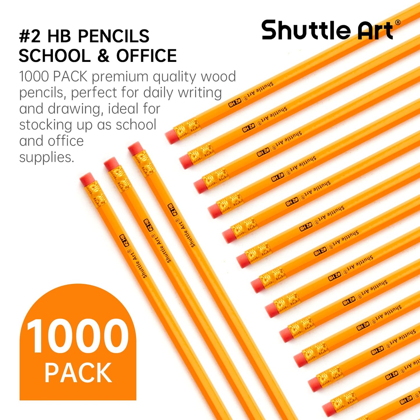 Shuttle Art Wood-Cased #2 HB Pencils, 1000 Pack Sharpened Yellow Pencils with Erasers, Bulk Pack Graphite Pencils for School and Teacher Supplies, Writing, Drawing and Sketching