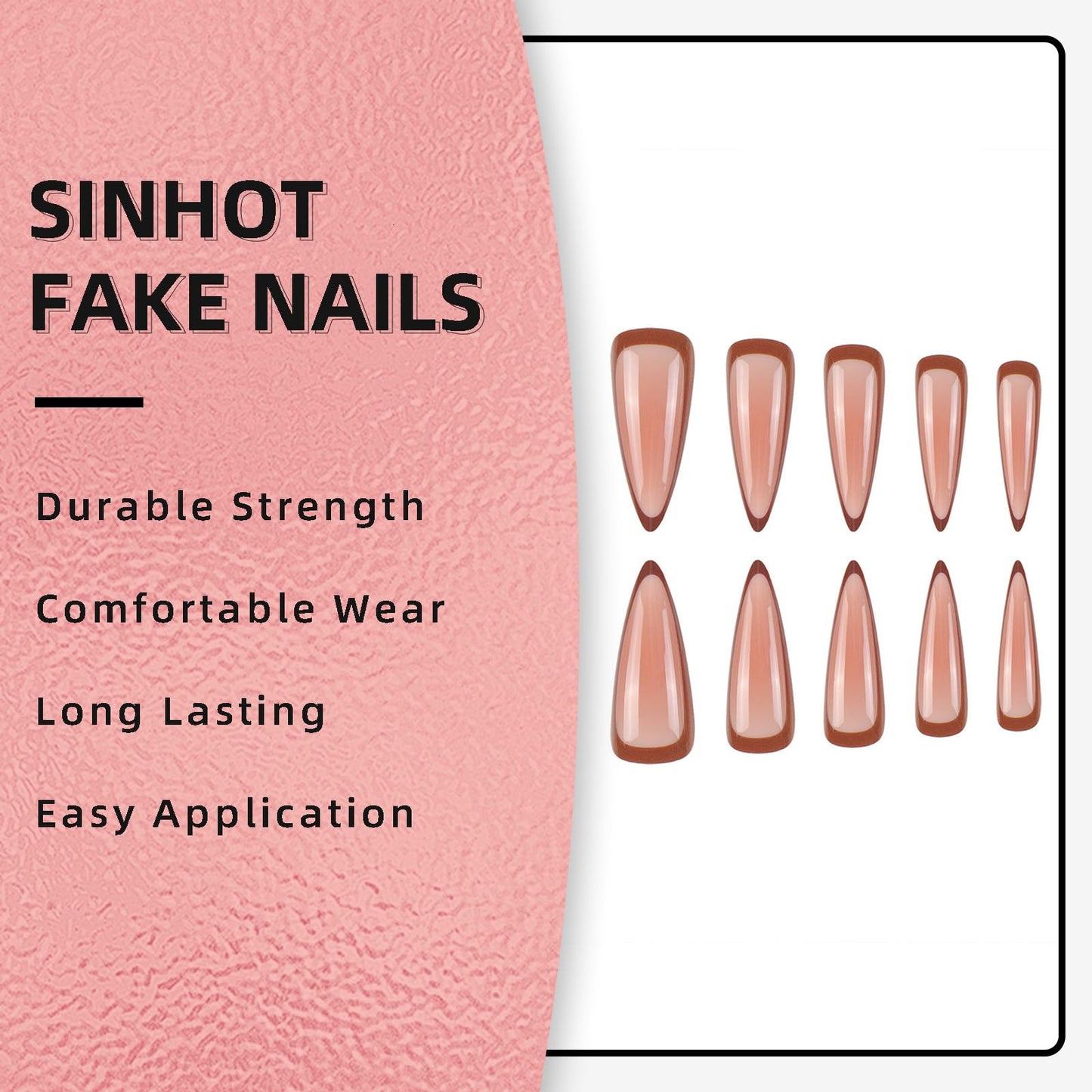 SINHOT Stiletto Press on Nails - Long Fake Nails, Glossy Finish, Nude Pink Ombre & Brown Edge, DIY Artificial False Nail Art - 24 Pcs Nail Kit with Glue
