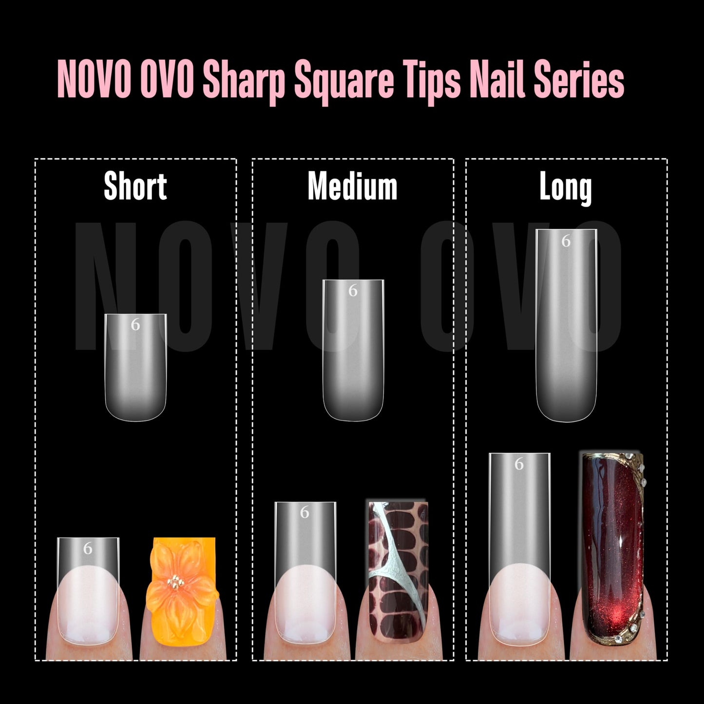NOVO OVO Sharp Square Long Nail Tips Press on, Natural (Not Sculpted) No C Curve Soft Gel Double Matte Clear Fake Nail Extension,Full Cover False Nails for Salon DIY Manicure x 15 Sizes 180 pcs