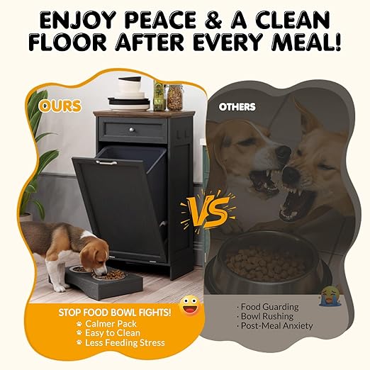 Furnivio Tilt Out Trash Can Cabinet with Dog Bowl, 10 Gallons Dog Feeding Station with Storage, Dog Food Cabinet with Hideaway Drawer for Kitchen, Living Room,Laundry Room