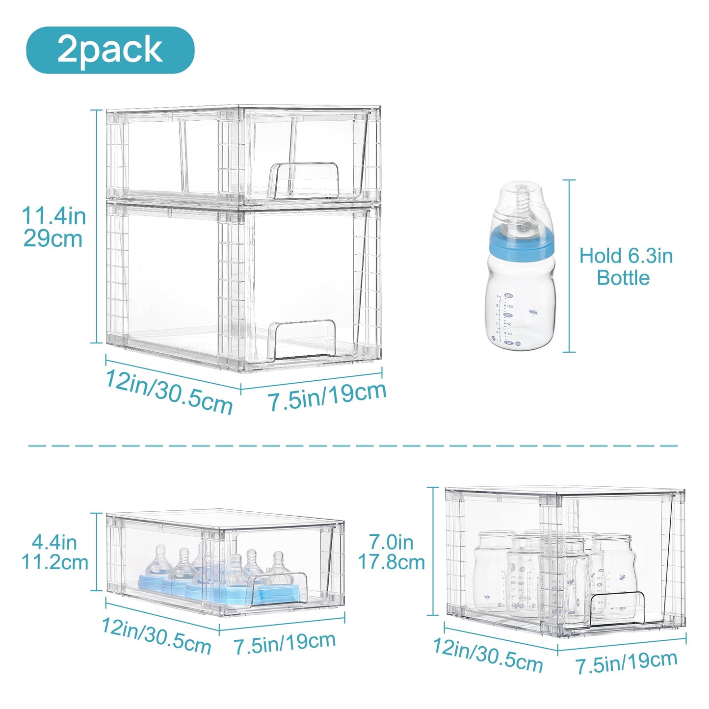 Vtopmart 4 Pack Clear Stackable Storage Drawers,Under Sink and Kitchen Organizers Storage,Easy to Assemble Plastic Drawers for Baby Bottle,Medicine, Bathroom,Cabinet and Pantry Organization