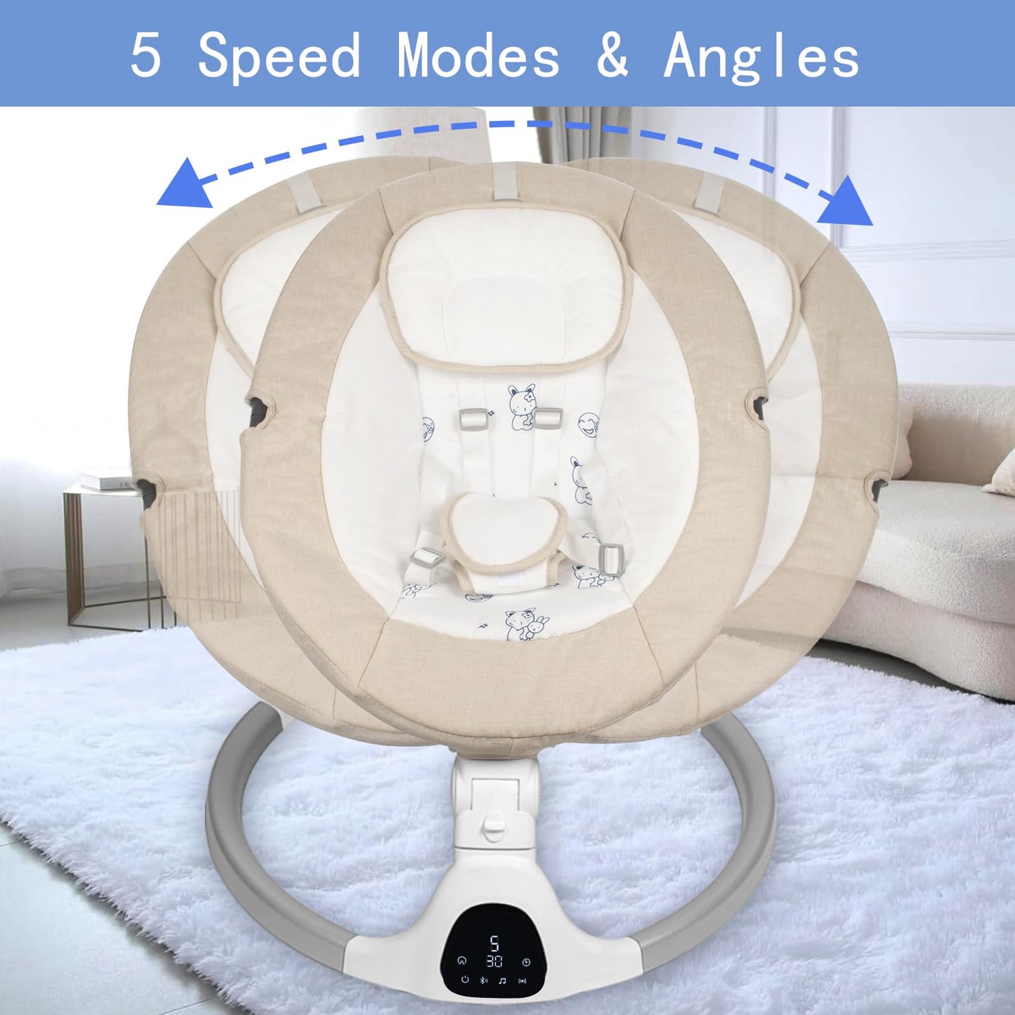 Baby Swing for Infants to Toddler Portable Babies Swing Timing Function 5 Swing Speeds Bluetooth Touch Screen Music Speaker with 10 Preset Lullabies 5-Point Carabiner (Ivory White)