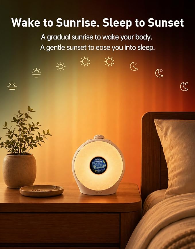 Dekala Sunrise Alarm Clock for Heavy Sleepers with Pulse Wake, Sunset Sound Machine with Breathing Ambient Light, Loud Alarm for Bedrooms, Wake Up Light, Digital Color Display & 7 Themes, No App